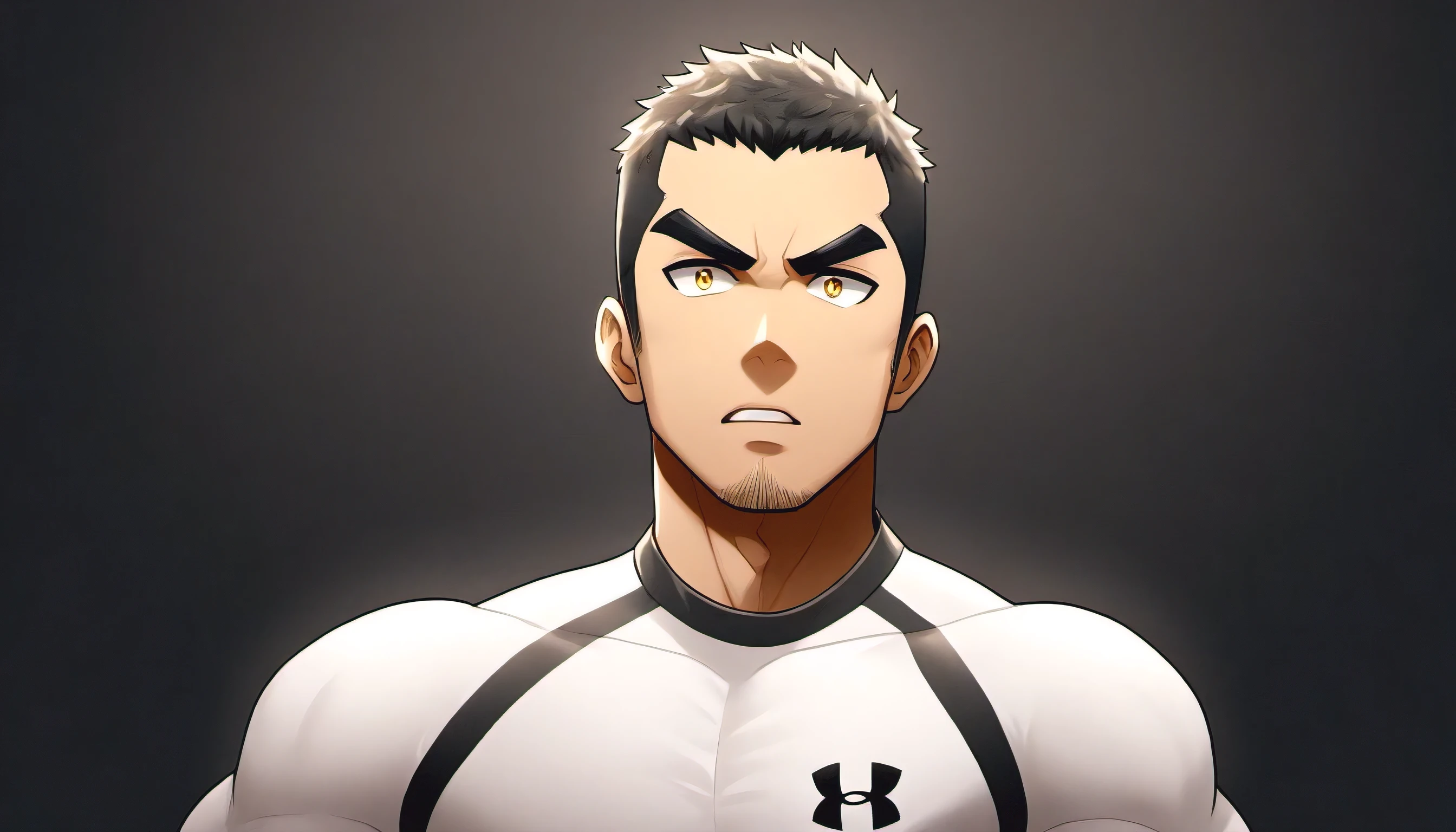 anime characters：Gyee, sports student, 1 young muscular man, male focus, Under Armour sports tight T-shirt, muscular male, muscular, only, Upper body, alone, Black short hair, Thick eyebrows, stubble, Yellow eyes, Black background, simple background, amazing quality, best aesthetics, Ridiculous, bright pupils, crew cut, parted lips, v-shaped eyebrows, jitome, best quality