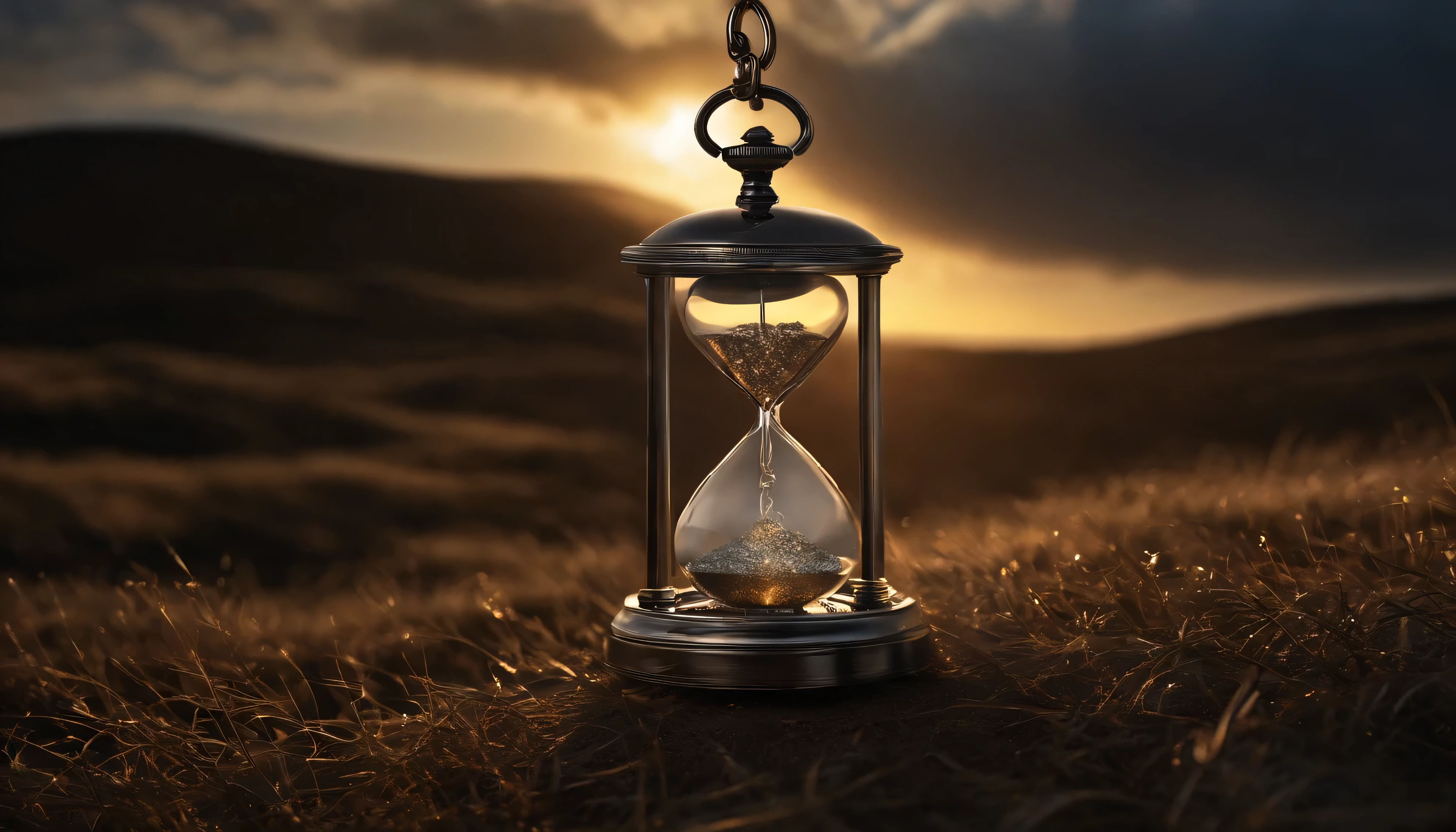 super hightech pocket watch, falling from a clear sky into a dark field, Biomechanicals, estranho, assustador, Pesadelo, cores muito brilhantes, light particles, com luz brilhante, Arte do papel de parede, Papel de parede UHD