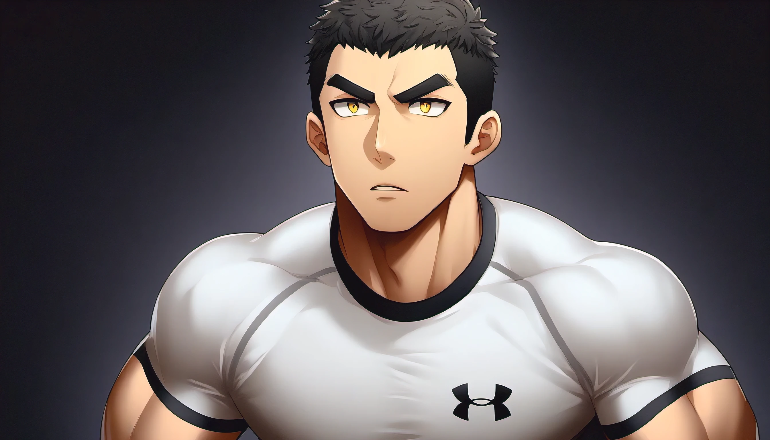 anime characters:Gyee, sports student, ung muscular man, male focus, Under Armour sports tight T-shirt, muscular male, muscular, only, Upper body, alone, Black short hair, Thick eyebrows, stubble, Yellow eyes, Black background, simple background, amazing quality, best aesthetics, Ridiculous, bright pupils, crew cut, parted lips, v-shaped eyebrows, jitome, best quality