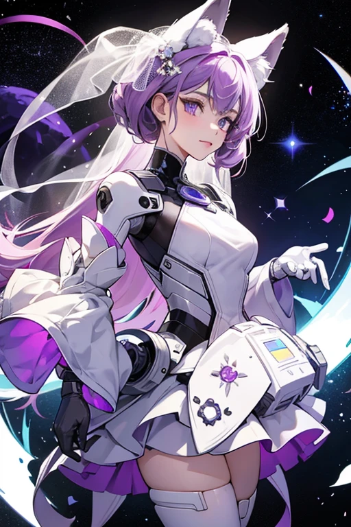 She looks similar to Lumpy Space people, but she has more of a wolf shaped head, and doesn't have many "lumps", and also has legs. Her coloring consists of multiple shades of purple, with some white circles and diamonds, giving a sort of galaxy appearance. She doesn't wear clothes besides her robotic gloves and robotic eye. On her wedding she does wear a wedding veil. SPARKLE; GLITTER