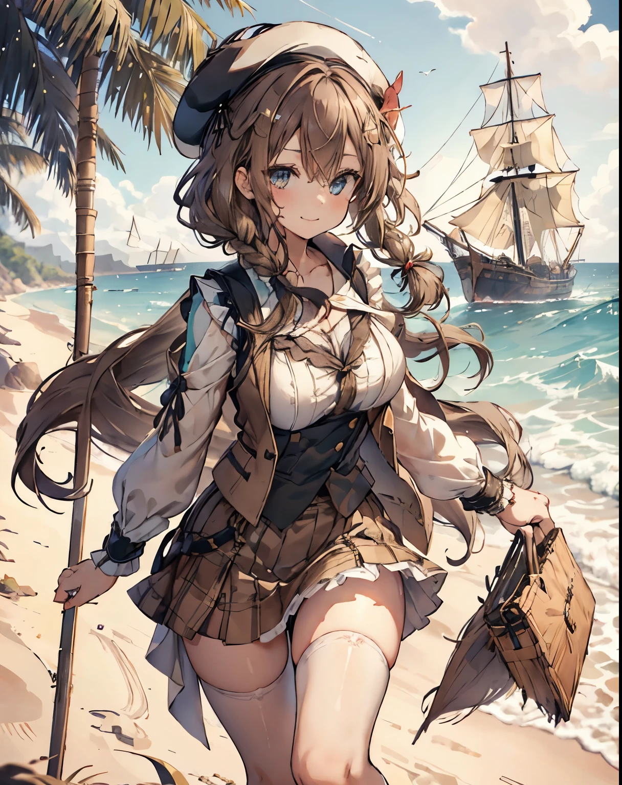 masterpiece, 1girl, sparrow, a brown haired girl, wearing a white sailor clothes, curly medium hair, messy hair, slim body, he close her left eye, shirt ornament, aqua eyes, sho show her back, ahoge, black vest, baby face, big breast, beautiful breasts, rounded breasts, braid hair, mitre cap, long sleeves, beautiful eyes, white stocking, droopy eyes, miniskirt, brown skirt, plaid skirt, her age is 19 years old, beret, seductive smile, beach