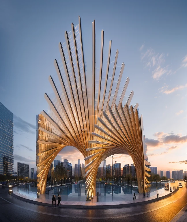 luxury entrance gate, luxury icon in public space, (glass facade with high reflection:1.2), (sunset time:1.2), plenty of cars and people, luxury ambience, luxury building surrounding, (neon light outline the building:1.2), (neon light on the street:1.2), (bright lighting at parapet:1.4), warm lighting, (plenty of high trees in front of building and surrounding:1.2) enhance the background with an artistic touch that reflects the beauty of nature RAW Photo, RAW texture, super realistic, 32K UHD, DSLR, soft lighting, high quality, film rating, Fujifilm XT3 