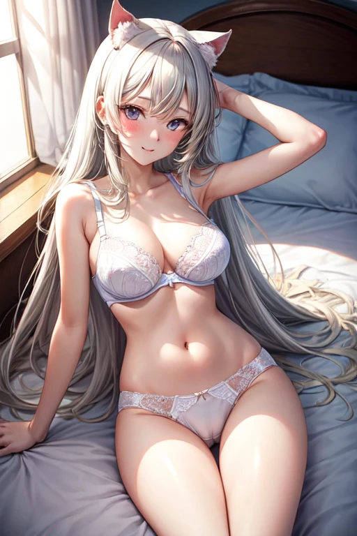 The lazy girl is lying down on the bed her long white hair flowing over her shoulders as she looks up at the camera with a slight blush on her face. Her cat ears have been hidden in her hair but are visible when she moves her head. She is wearing a tight white bra, tight white panties, and tight white socks. Her medium breasts are barely contained by the bra as she lays on her back. The light from outside shines in through the window and highlights her curves as she is inside a house next to a bed with pink sheets. High resolution, best quality, bust shot, anime, anime girl, close up.