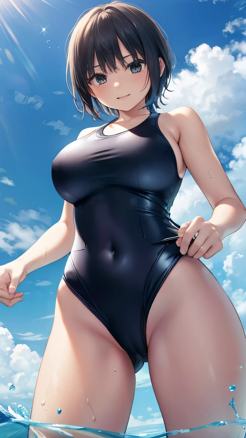 (8k、best image quality、highest quality、masterpiece)、detailed face、1 girl、black hai、dull、evil smile、cowboy shot、blue sky、pool background, (huge breasts:1.8), (slender:1.2), (latex:1.6) (cameltoe:1.2), (Realistic swimwear:1.6), (high-cut swimsuit:1.8), (one-piece swimsuit:1.6), (teenage:1.4), (small hips:1.2),  (pale skin:0.4), (from below:1.6), (small size swimsuit:1.6), 