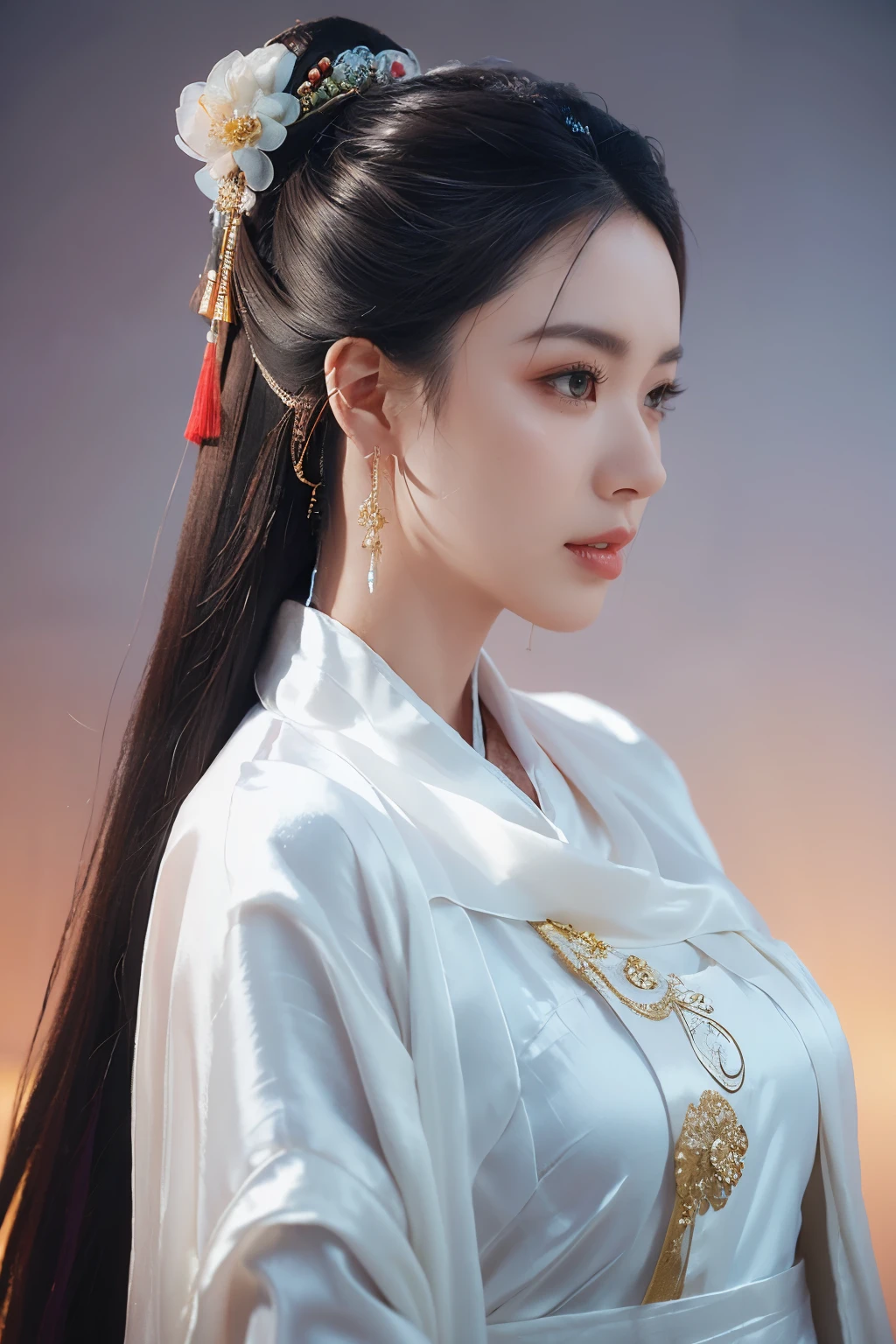 Game art，The best picture quality，Highest resolution，8K，((A bust photograph))，((Portrait))，((Head close-up))，(Rule of thirds)，Unreal Engine 5 rendering works， (The Girl of the Future)，(Female Warrior)， 22 year old girl，(Ancient Chinese women)，(Rainbow hair，Ancient Oriental hairstyle)，((The pupils of the red eyes:1.3))，(A beautiful eye full of detail)，(Big breasts)，(Eye shadow)，Elegant and charming，indifferent，((Anger))，(A silk coat with ancient Chinese style，Bellyband，The clothes are decorated with patterns with Chinese characteristics，A flash of jewellery，White)，(The clothes are made of silk:1.5)，figure，fantasy style， photo poses，city background，Movie lights，Ray tracing，Game CG，((3D Unreal Engine))，OC rendering reflection pattern