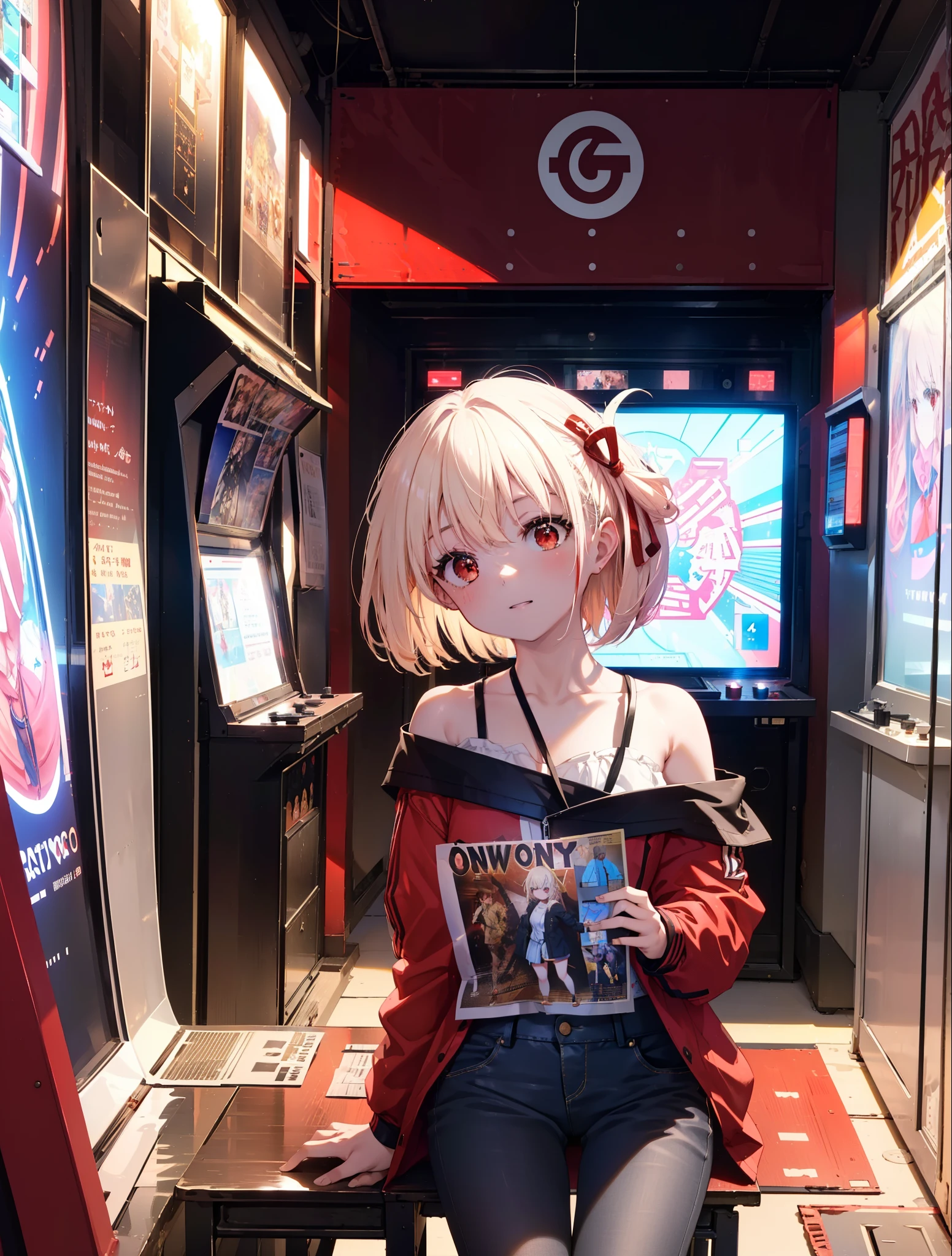 chisatonishikigi, nishikigi chisato, short hair, bangs, blonde hair, (red eyes:1.5), hair ribbon, one side up, long hair,tie hair back,,off shoulder dress,short denim pants,short boots,smile,sitting Chair, game_center, scenery, arcade cabinet, Chair, poster (object), indoor ,s4g4m1,
break outdoors, city,
break looking at viewer, (cowboy shot:1.5),
break (masterpiece:1.2), highest quality, High resolution, unity 8k wallpaper, (shape:0.8), (fine and beautiful eyes:1.6), highly detailed face, perfect lighting, Very detailed CG, (perfect hands, perfect anatomy),