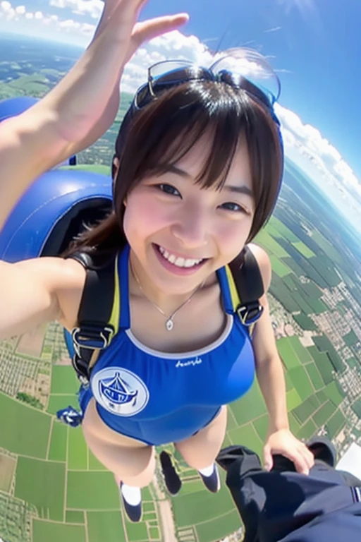 over the sky3000In the middle of skydiving at 1.5 meters、The surroundings are clear blue sky and clouds、She is a beautiful Japanese woman with long hair and looks very cute and happy.、Sensual style、She is wearing a very sexy micro bikini swimsuit.、She is looking at the camera、The camera follows her from above.