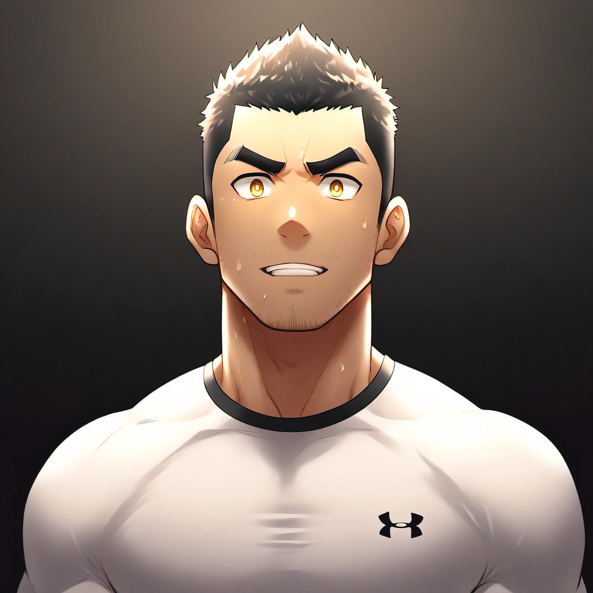 anime characters：Gyee, P.E. teacher, 1 young muscular man, male focus, Under Armour sports tight T-shirt, Slightly transparent, Sweat soaked tights, muscular male, muscular, only, Upper body, alone, Black short hair, Thick eyebrows, stubble, Yellow eyes, Black background, simple background, amazing quality, best aesthetics, Ridiculous, bright pupils, crew cut, parted lips, embarrassed, forced smile, best quality