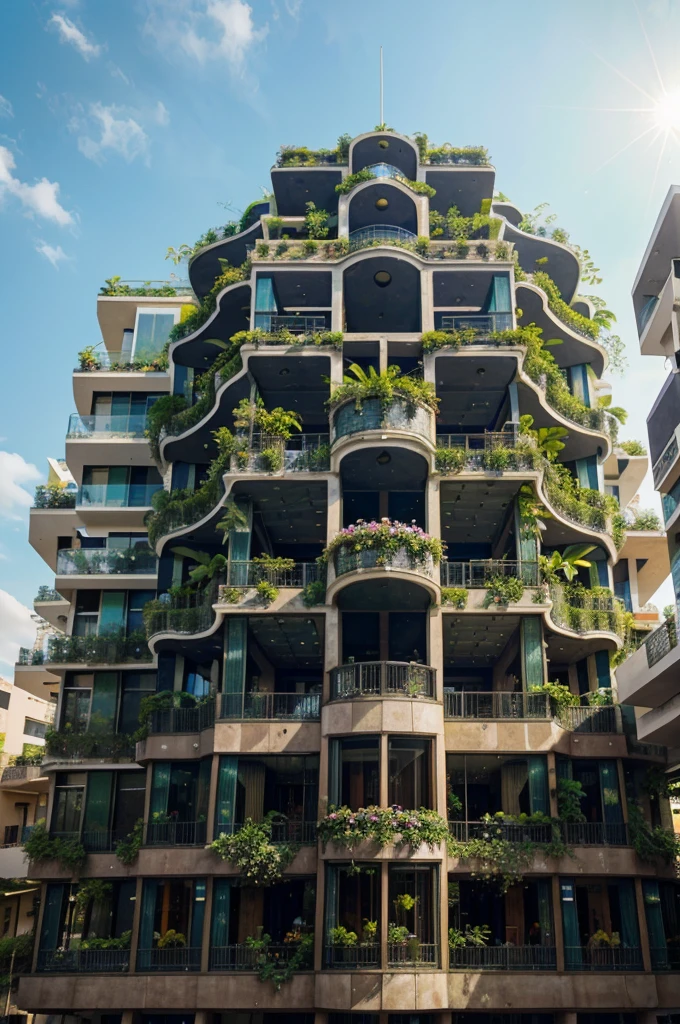 A city full of nature but with architecture of the future Imagine a city where lush vegetation and vibrant flowers thrive in harmony with structures that seem to defy the laws of physics.. Los edificios se elevan hacia el cielo., Its glass facades reflect the sun&#39;s rays in a dazzling display. 