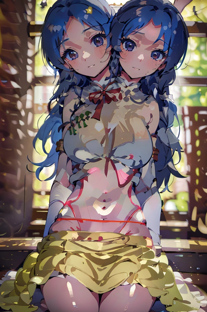 (masterpiece, best quality),best quality, (ultra-detailed), (3heads:1.5), 1girl, (label girl (dipp):1.3), masterpiece, ultra quality, ultra resolution, ultra detail, best quality, white top, crop top, ((stomach)), midriff, ((groin)), red skirt, normal ears, shackles, blue hair, very long hair, wavy hair, sidelocks, yellow eyes, parted lips, open belly, sweat, cute, toned belly, hand on own chest, eyelashes, (22 year old woman:1.3), (masterpiece:1.5), (best quality:1.5), (beautiful detailed extremely detailed CG, extremely delicate and beautiful, depth of field, (finely detailed face), (perfect details:1.2), (mature female:1.3), wide pelvis, slender, large veiny breast, 8k resolution, high quality, high definition, extremely detailed, masterpiece, best quality, blue hair, long hair, alluring presence, braid, short skirt, close up, big tits, young, star hair ornament, yellow ribbon, side ponytail, cabbie hat, hair ornament,