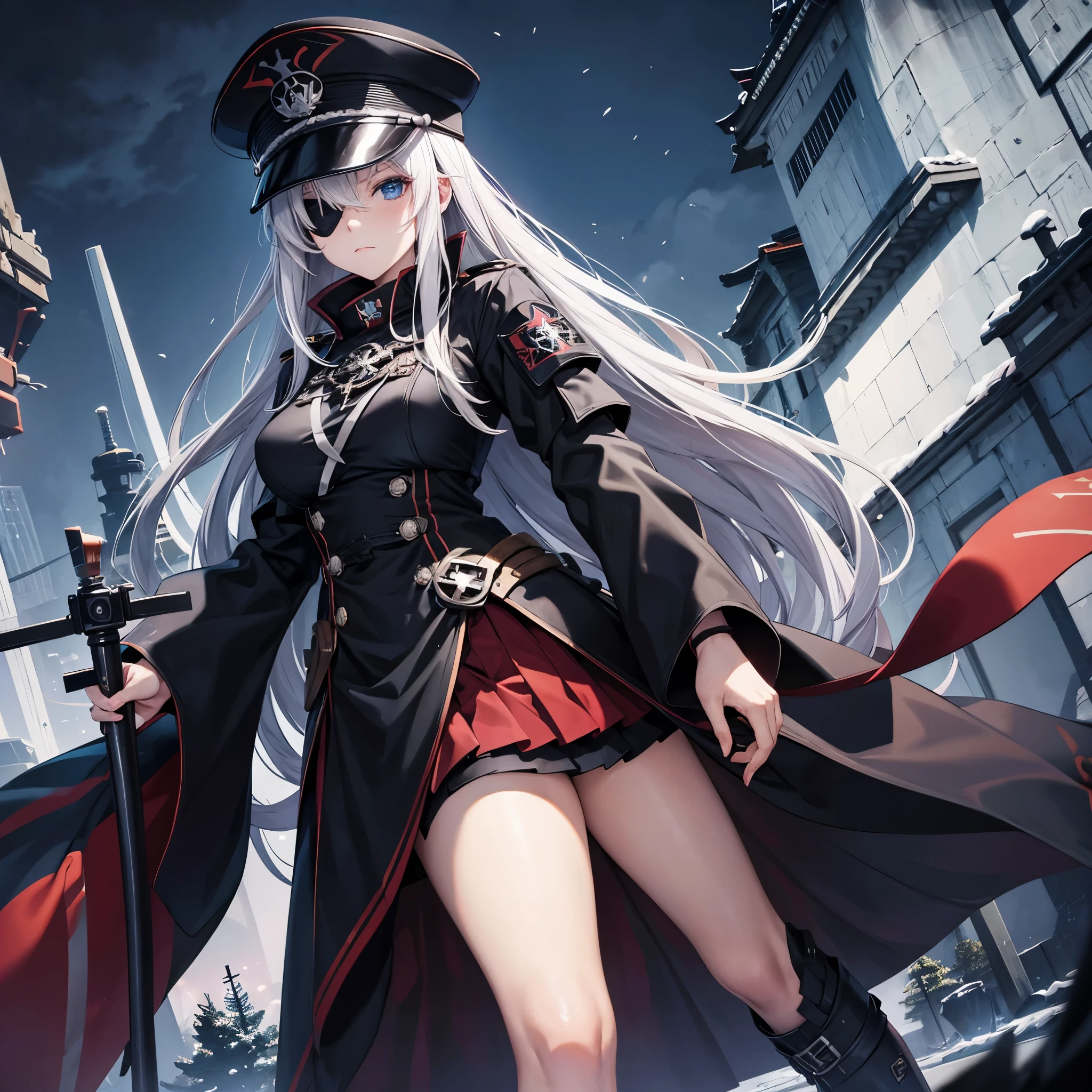 A woman, with silver hair with a reddish tone, light blue eyes, wearing an eye patch, wearing black heavy samurai armor, with iron cross symbols on her silver coat, black officer's hat with dress detail, with iron cross, heels with iron cross detail, in a Japanese castle at night, serious face.
,HDR, ultra resolution, well defined, masterpiece, 8K HD. (solo woman)
