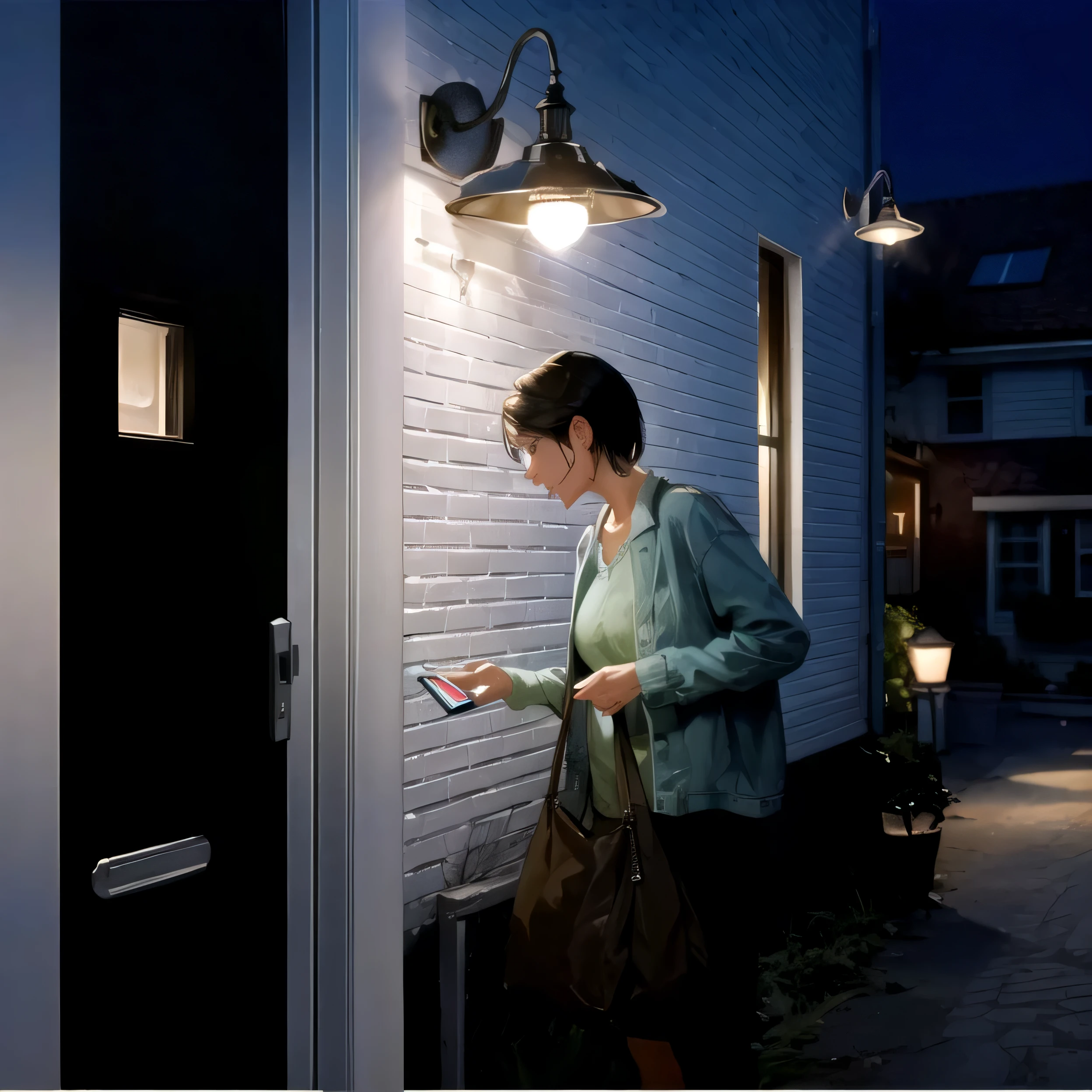 woman standing outside of a house looking at her cell phone, outside lighting, outdoor lighting, cinematic outdoor lighting, outdoors lighting, stunning image, summer lighting, pleasant lighting, high quality lighting, evening lighting, good quality lighting, volumetric outdoor lighting, dynamic and atmospheric lighting, extremely good quality lighting, photo taken at night, lots of light, illuminating the area