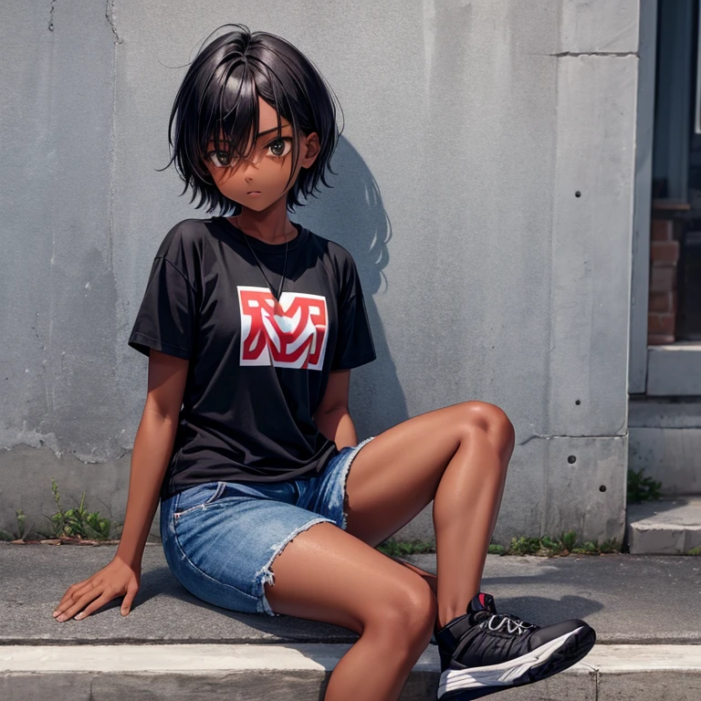 A dark-skinned tomboy girl is wearing a black short-sleeved shirt, com um moletom vermelho por cima. She is also wearing jeans and a pair of black sneakers