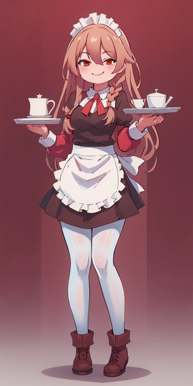 full body standing straight symmetrical, lustful smirking smile face red blush red cheeks, looking at viewer, holding tray, braid, maid headdress, maid, dress, apron, long sleeves, brown pantyhose, long leather militar boots, thighs, long white hair, masterpiece