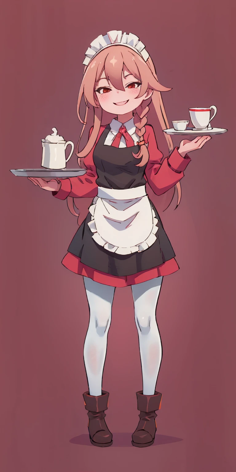 full body standing straight symmetrical, lustful smirking smile face red blush red cheeks, looking at viewer, holding tray, braid, maid headdress, maid, dress, apron, long sleeves, brown pantyhose, long leather militar boots, thighs, long white hair, masterpiece