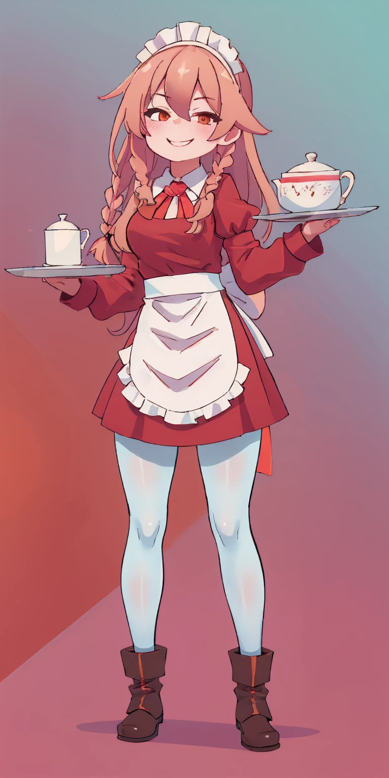 full body standing straight symmetrical, lustful smirking smile face red blush red cheeks, looking at viewer, holding tray, braid, maid headdress, maid, dress, apron, long sleeves, brown pantyhose, long leather militar boots, thighs, long white hair, masterpiece