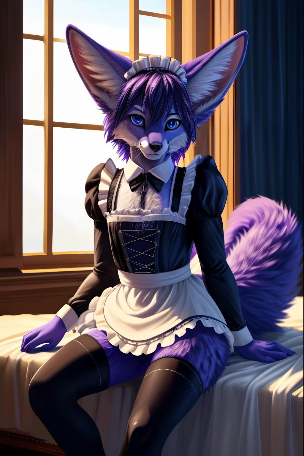 Solo, Male, Fennec Fox, Feminine, ((Fluffy Fur, Fluffy, Furry Body)) Blue eyes, Indigo Fur, Violet Tail Tip, Violet Ear Tips, Blue Toe Beans, Short Messy Hair, Thigh Highs, Trans, Maid Outfit, High Detail, High Resoloution, Realistic, (masterpiece, high quality,hi-res,8k had),