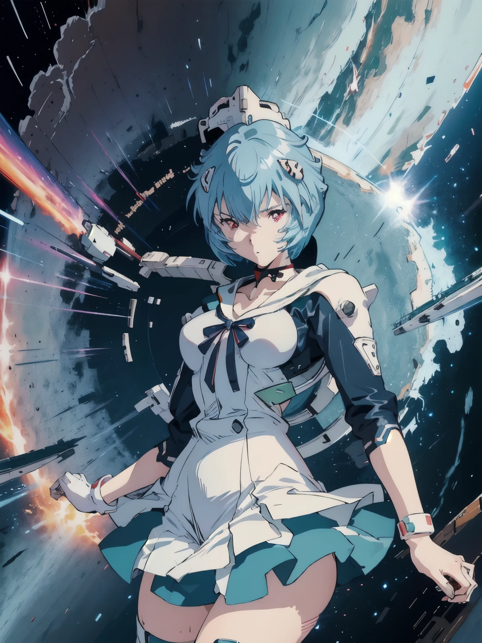 RAW image quality, A super cute girl is wearing a sailor uniform, mechanical wing, space war background, , Supernova Power, light blue hair, perfect body, sexy, neon glow, Beam sabre, sad mood, very detailed, battle preparation, Mecha Musume-like pose, fine eyes, detailed face,