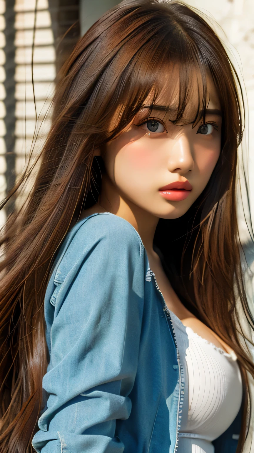 sexy big breasts、 beautiful girl sexy cute looks and cute, beautiful and sexy face、The strong wind blows the hair in front of my face、Beautiful long metallic blonde straight hair with beautiful cute and sexy eyes hidden in her long bangs