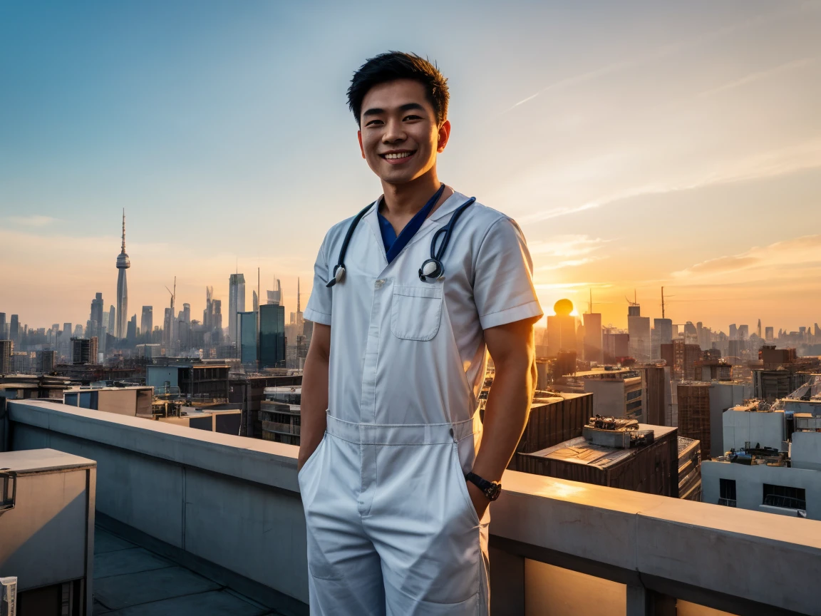 Let&#39;s imagine，A young Asian male doctor proudly standing on the rooftop at sunset. He was wearing a clean white overalls., The golden light of the setting sun warmed his face. Behind him, The urban landscape is full of skyscrapers and busy streets. He showed a satisfied smile, Quietly looking at the city.