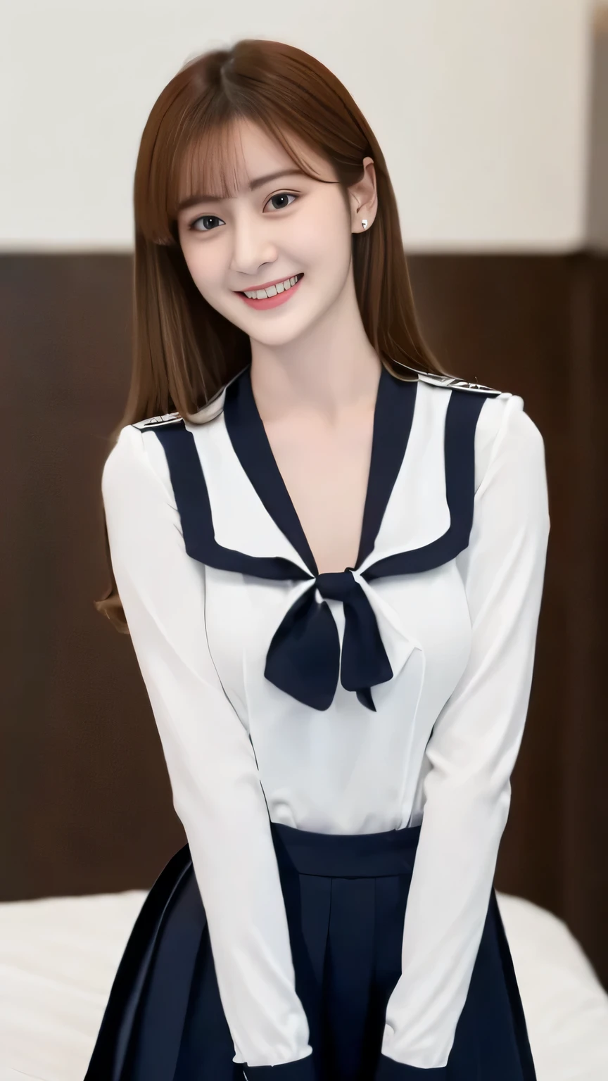 highest quality,masterpiece,ultra high resolution, (realistic:1.4), girl, 18-year-old, (Perky breasts:1.2),  (slim face, slim waist, slim legs), The perfect student uniform, attractive, At noon, look at each other, dynamic shot, (black choker:1.3), Perfect Sailor , long sleeve, bangs, Blue color contact lenses, smile, big breasts