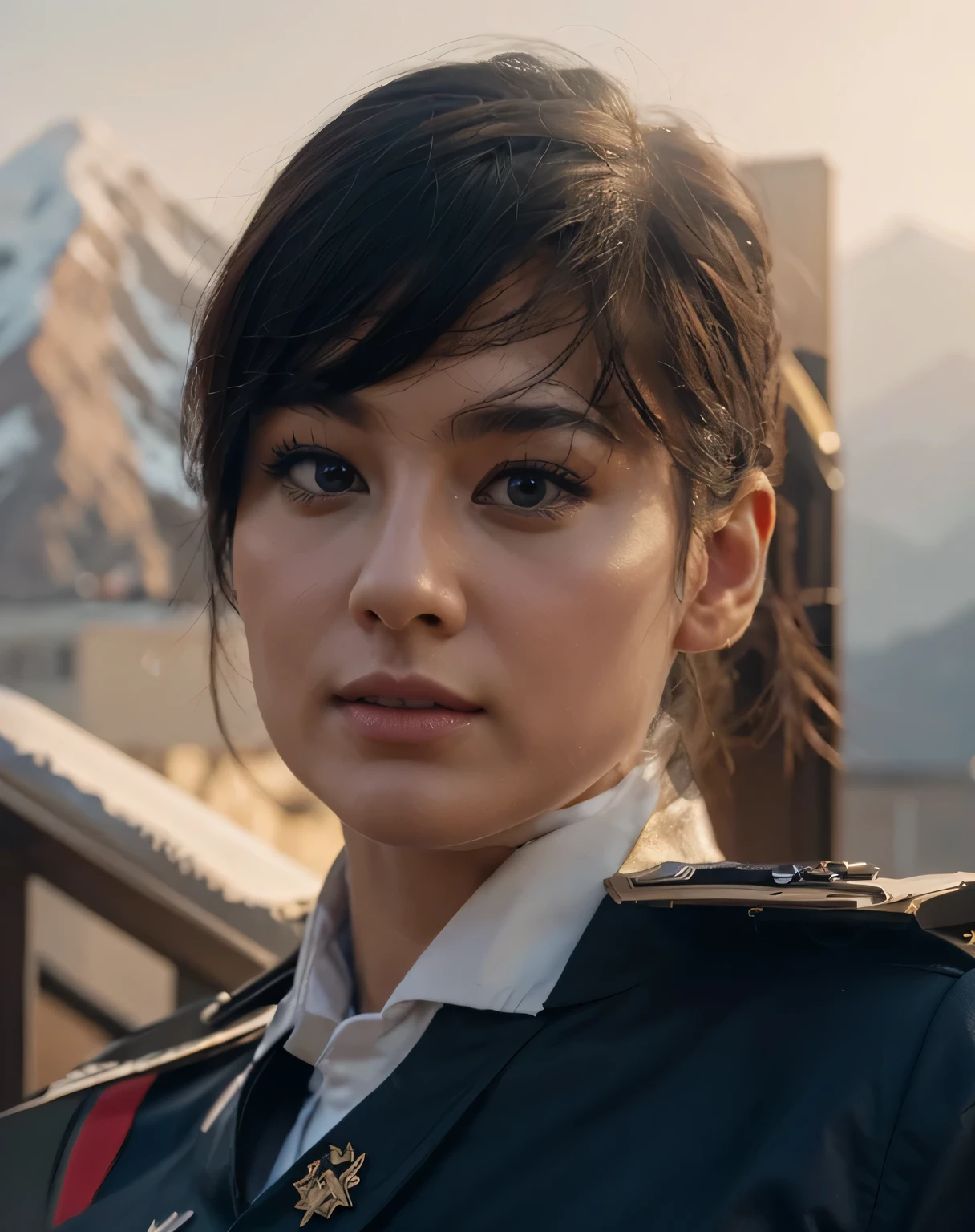 beautiful woman soldier, face of a beautiful Chinese woman, flirtatious expression, black hair short military style cut, Chinese blue airforce Russian commander uniform, she is in the mountains, red sky, military aircraft, ultra Realistic, ultra detailed, hyper Realistic, 4k , ultra detailed image, Realistic, highly detailed, perfect composition, beautiful, Intricately detailed, incredibly detailed, 8 k artistic photography, hyper detailed, ultra Realistic masterpiece, ultra detailed, hyper Realistic, 4k, ultra detailed image, Realistic, highly detailed, perfect composition, beautiful, Intricately detailed, incredibly detailed, 8 k artistic photography, hyper detailed, masterpiece