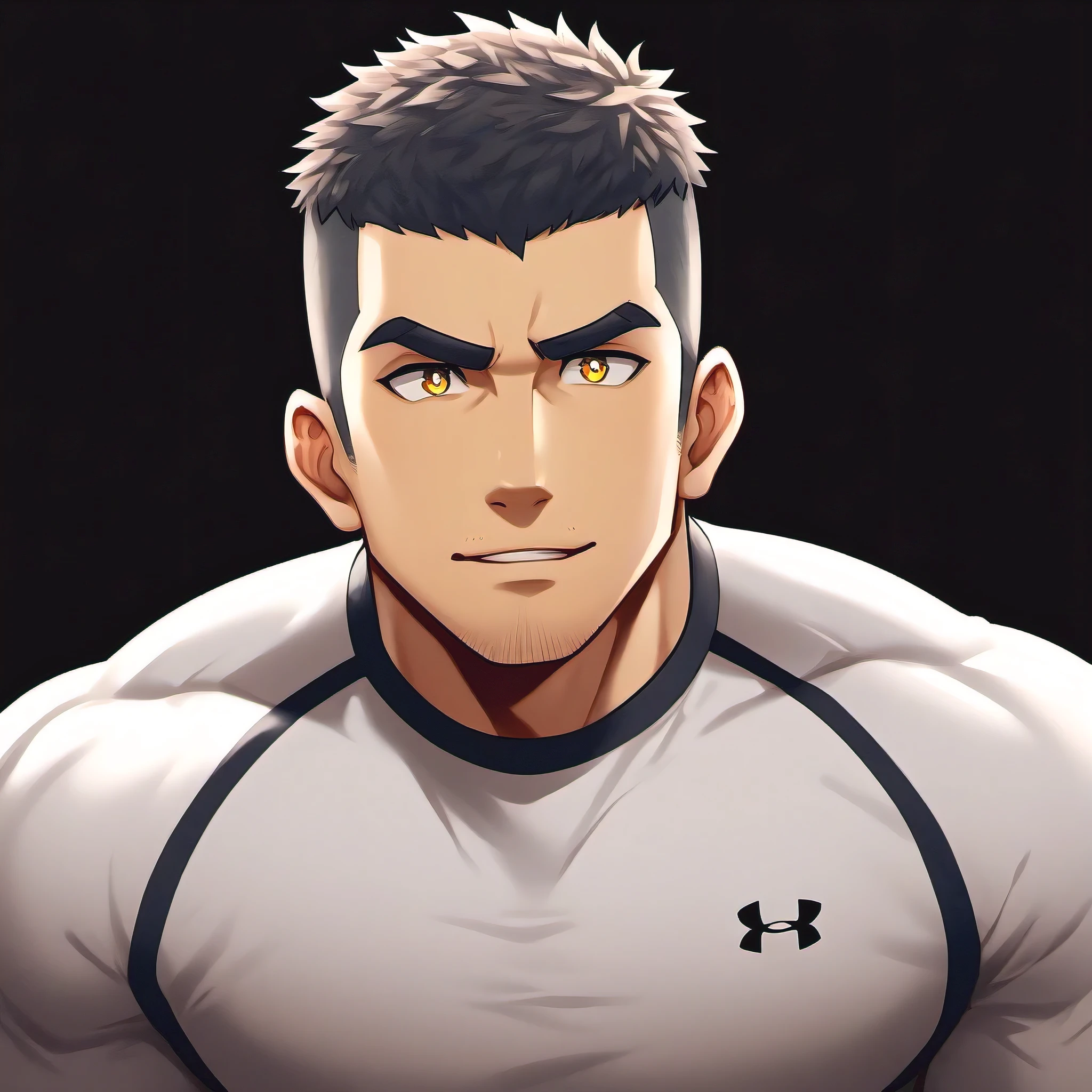 anime characters：Gyee, Fitness coach, 1 young muscular man, male focus, Under Armour sports tight T-shirt, Slightly transparent, muscular male, muscular, only, Upper body, alone, Black short hair, Thick eyebrows, stubble, Yellow eyes, Black background, simple background, amazing quality, best aesthetics, Ridiculous, bright pupils, crew cut, parted lips, embarrassed, forced smile, best quality