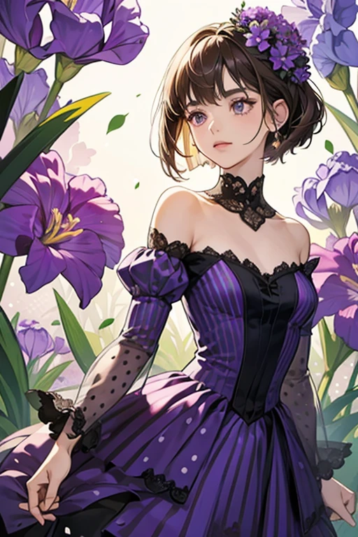 She wears a purple flower-like dress with polka-dots, her arms and legs have purple stripes, and she has a few leaves coming out of the top of her head and her neck. Her dark brown hair is cut short into a bob. Her irises are light purple, and she is one of few characters with irises. The leaves on her dress are both part of the costume and growing out of her, since she is a flower. SPARKLE; GLITTER