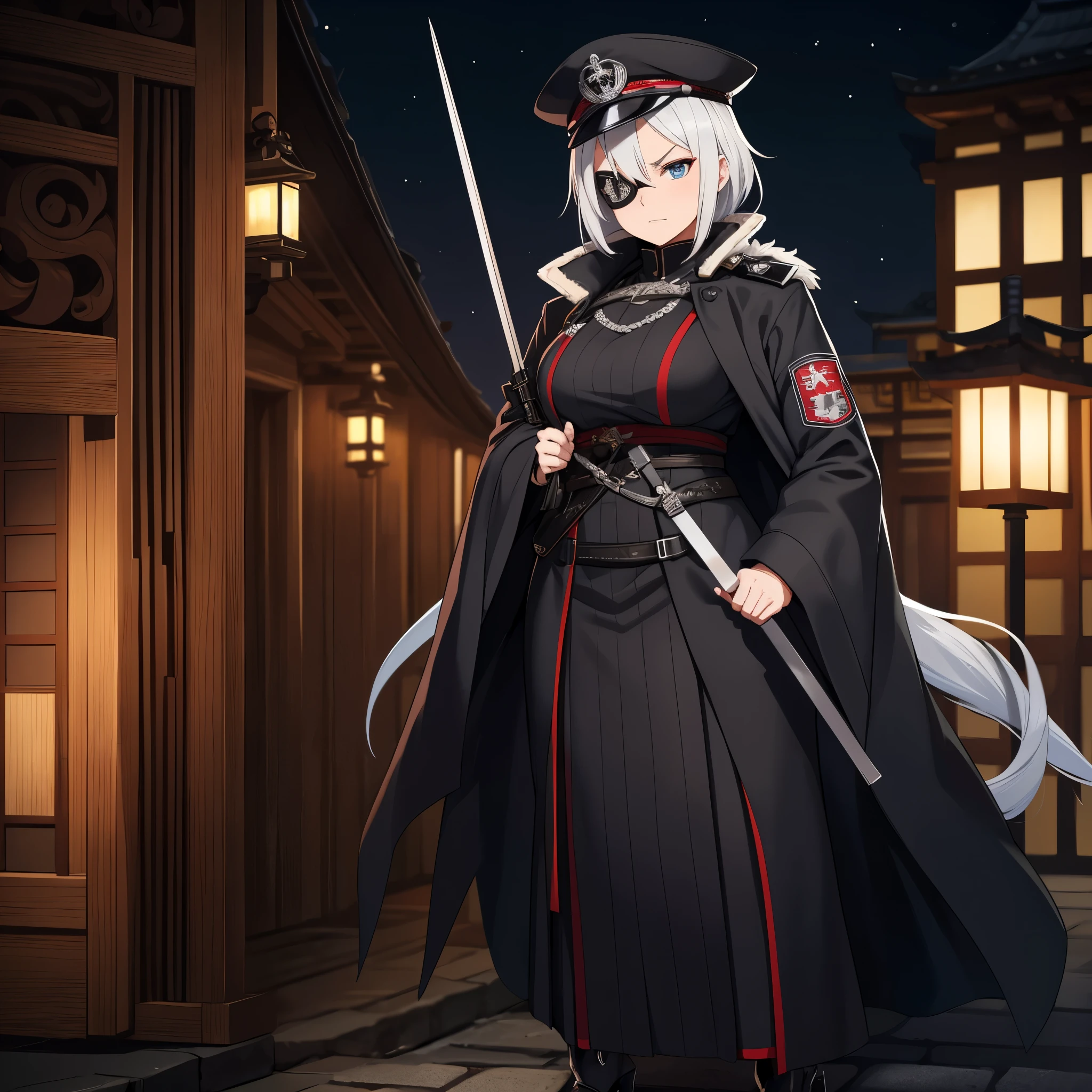 A woman, with silver hair with a reddish tone, light blue eyes, wearing an eye patch, wearing black heavy samurai armor, with iron cross symbols on her silver coat, black officer's hat with dress detail, with iron cross, heels with iron cross detail, in a Japanese castle at night, serious face. ,HDR, ultra resolution, well defined, masterpiece, 8K HD. (solo woman)