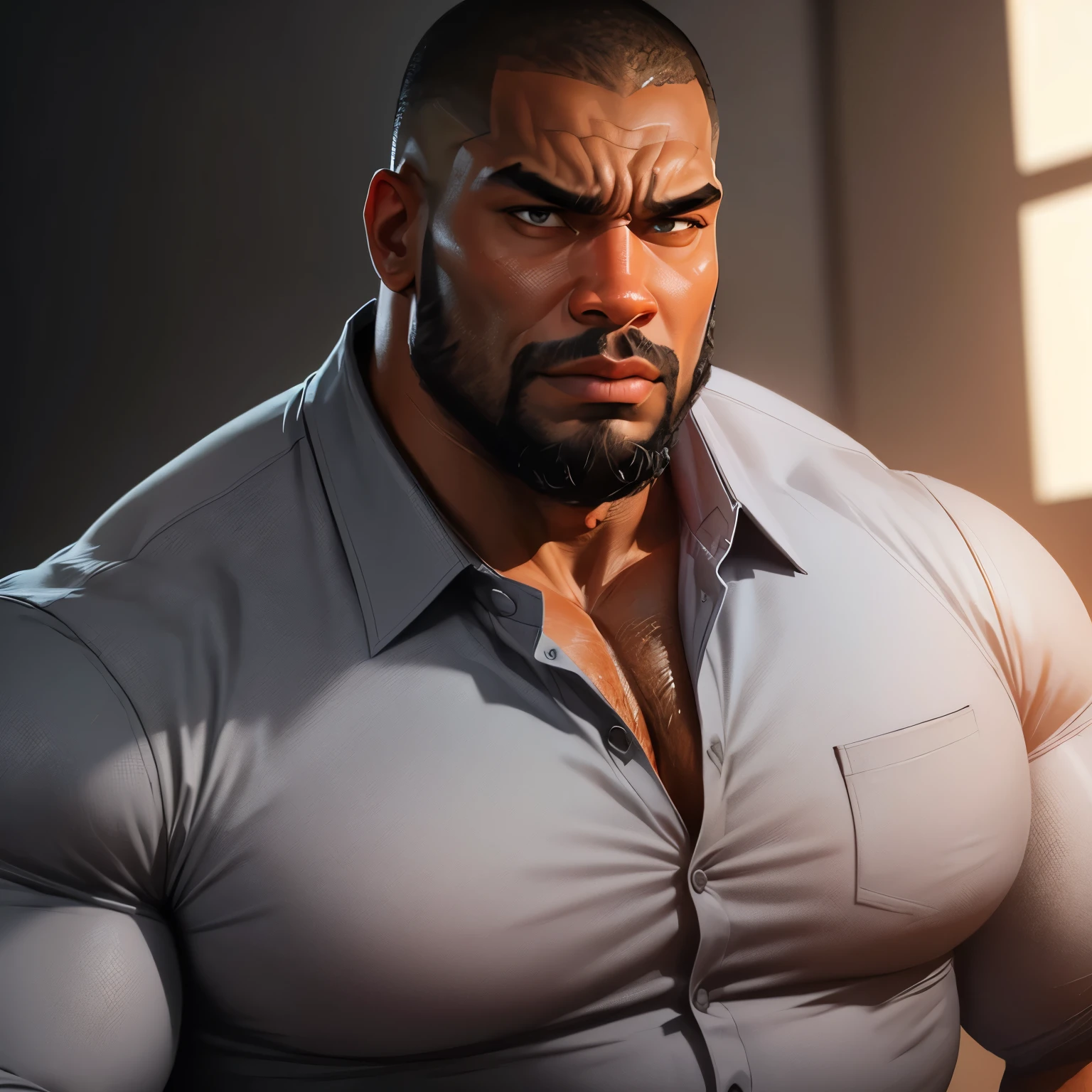 an exaggeratedly muscular and large bodyguard, beefy build, beard, dark-skinned african american male, buzzcut hair with square line, worried expression, (wearing grey collared business shirt: 1.2), unbuttoned, (bara pecs: 1.3), (arm and chest hair: 1.1), close-up portrait HD, (modern fluorescent lecture hall)