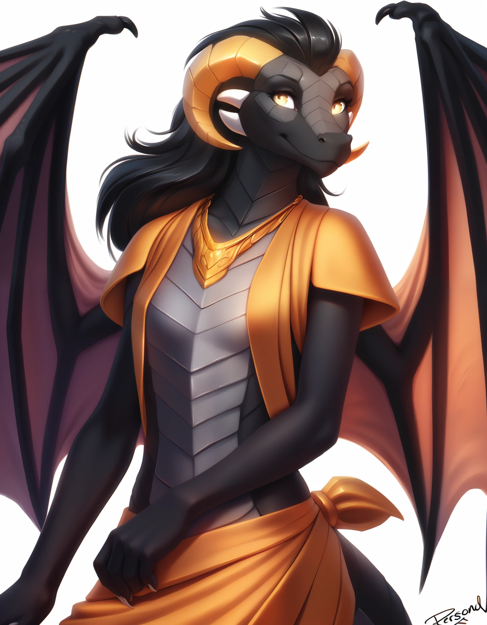 solo, dragon, tkdragonreni, madam_reni_(twokinds), twokinds, by personalami, rating:safe, white background, white_background, female, small breasts, yellow eyes, dragon, ( wings, membrane \(anatomy\), membranous wings:1.3) , black skin, western dragon, black mane, golden horns, curled_horn, scalie