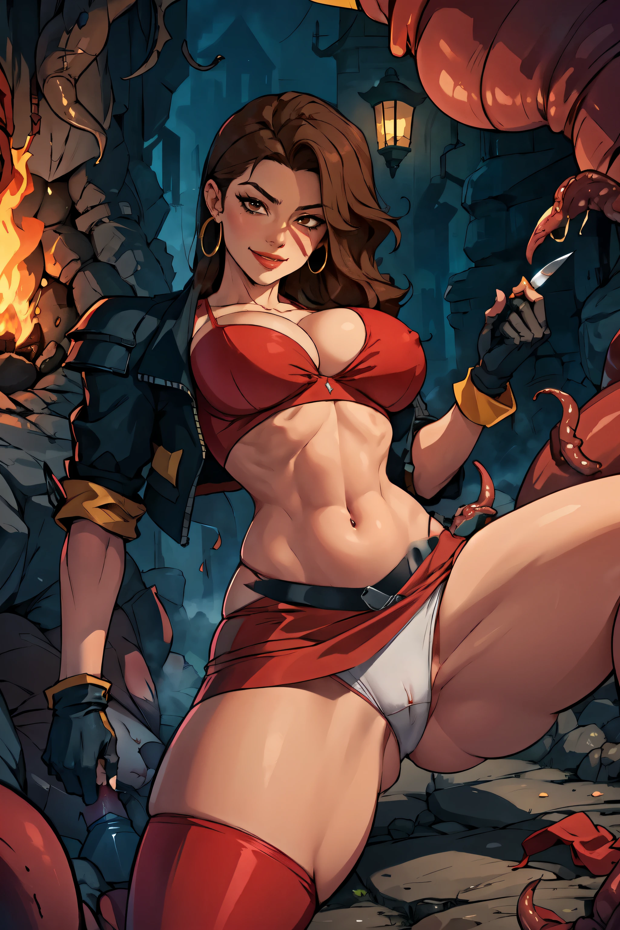 masterpiece,best quality, extremely detailed,8k. Blaze Fielding holding a short knife in her hand, wearing wearing a tight short red skirt, white panties, solo, surprise face, looking down, big breasts, strong, hoops earrings, looking at viewer, smile, long lustrous hair, brown hair, light make up, gloves, navel, cleavage, brown eyes, large breasts, wearing tight red top, salient underboob, broken jacket armor, black fingerless gloves,holding short knife, at a fantasy dungeon alone with tentacles crawling up her leg.
