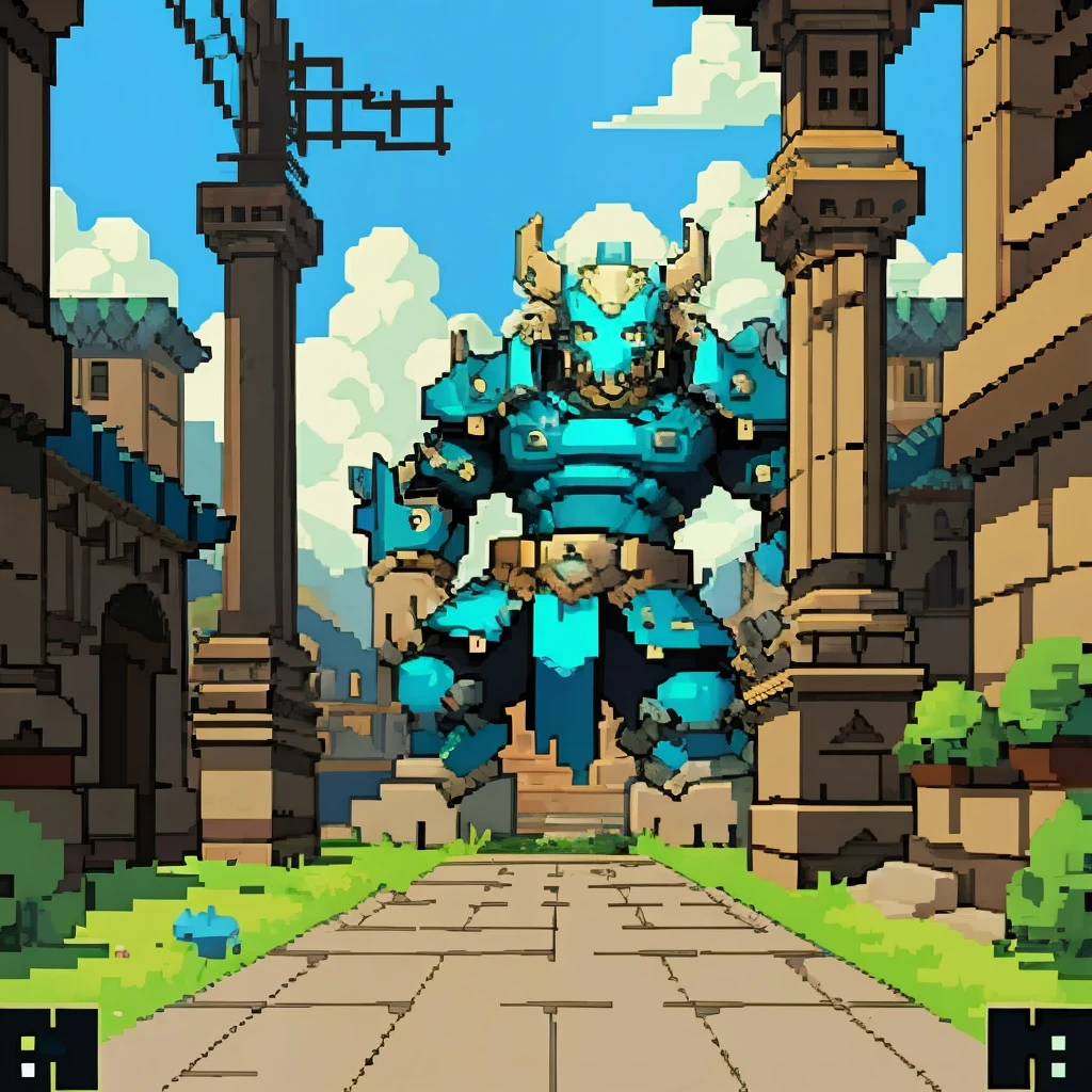 a picture taken from a video game of a giant creature in a city, pixel art by Kubisi art, Artstation contest winner, pixel art, beautiful detailed pixel art, detailed pixel artwork, detailed pixel art, 2 d digital video game art, ultra detailed game art, videogame art, shadow of the colossus, high quality pixel art, epic video game art,