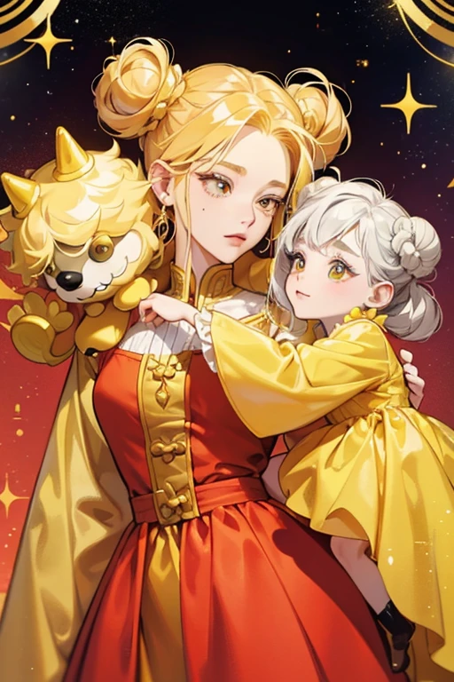 Queen of Ooo has golden hair like King of Ooo, but it is straight and she has huge double buns that resemble koala bear ears. She also has an identical face mole to King Of Ooo, and the same waxy skin. Compared to her counterpart, she is much shorter. Her red and yellow dress has the same coloring as King of Ooo's clothes. SPARKLE; GLITTER