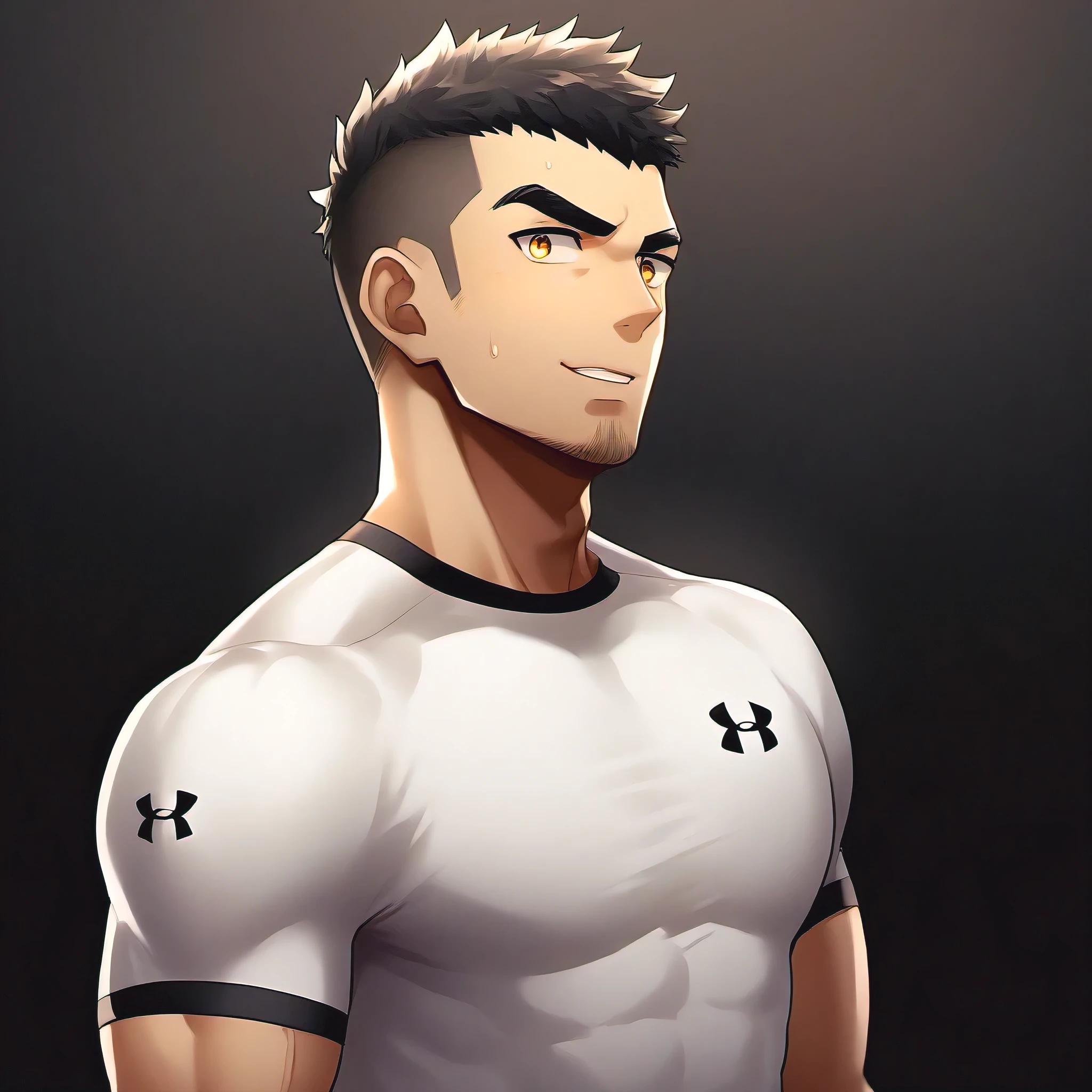 anime characters：Gyee, Fitness coach, ****ung muscular man, male focus, Under Armour sports tight T-shirt, Slightly transparent, muscular male, muscular, only, Upper body, alone, Black short hair, Thick eyebrows, stubble, Yellow eyes, Black background, simple background, amazing quality, best aesthetics, Ridiculous, bright pupils, crew cut, parted lips, embarrassed, forced smile, best quality