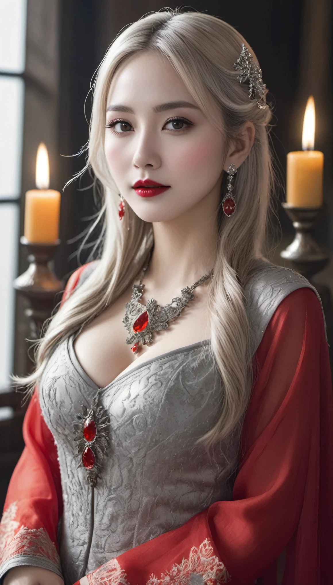 (((surreal woman)))、((very beautiful 30 year old white woman))、(((Big big cleavage)))、のWitch girl、blonde mature、plump body shape、smile、middle-aged beauty 、Very delicate and delicate skin texture、Witch girl、{(ancient ornate and luxurious temple)、(many torches are burning)}、red lips、fine scarlet eyes、(((Luxury and gorgeous silver outfit and luxurious accessories)))、I have a shining platinum wand、