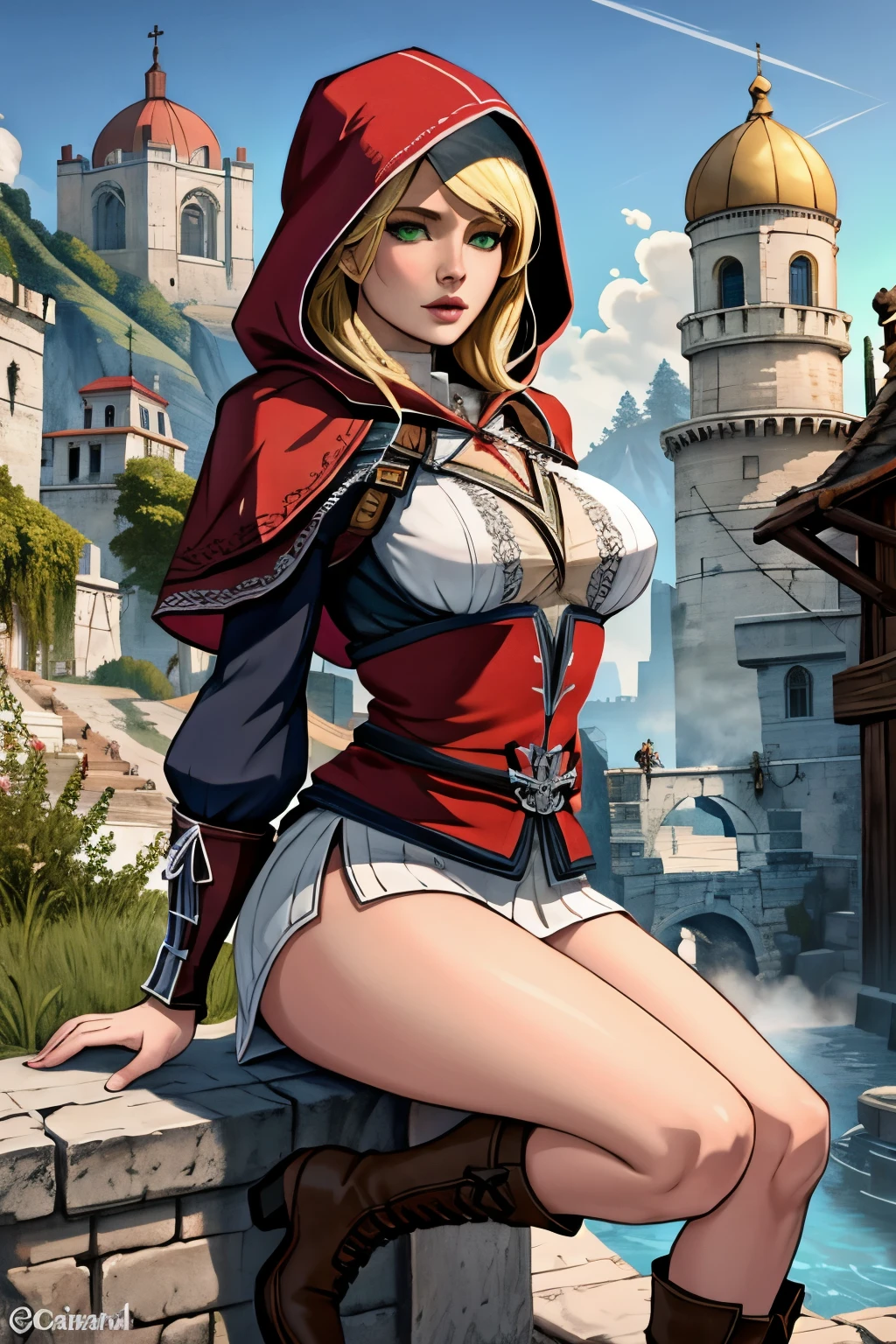 1 chica, alone, young girl, joven, Стиль Assassin's Creed, ropa corta, poca ropa, botas hasta la rodilla, Pulseras en las piernas, Ciudad medieval al fondo, Renacimiento, muy detallado, Realistic long-term photography., 4k, ropa, poca ropa, pelo largo, long hair, pelo rubio, blonde hair, ojos verdes, green eyes, pechos grandes, pechos, big breast, breasts, hood, capucha,Chica con traje de Assassin's Creed Altair con capucha, hood, Assassin symbol's Creed en la cintura