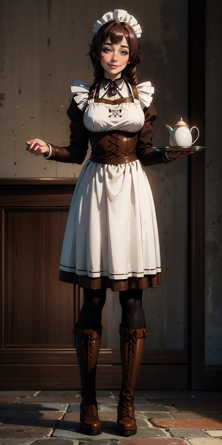 full body standing straight symmetrical, lustful smirking smile face red blush red cheeks, looking at viewer, holding tray, braid, maid headdress, maid, dress, apron, long sleeves, brown pantyhose, long leather militar boots, thighs, long white hair, masterpiece