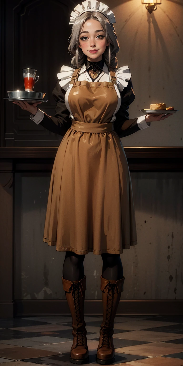 full body standing straight symmetrical, lustful smirking smile face red blush red cheeks, looking at viewer, holding tray, braid, maid headdress, maid, dress, apron, long sleeves, brown pantyhose, long leather militar boots, thighs, long white hair, masterpiece
