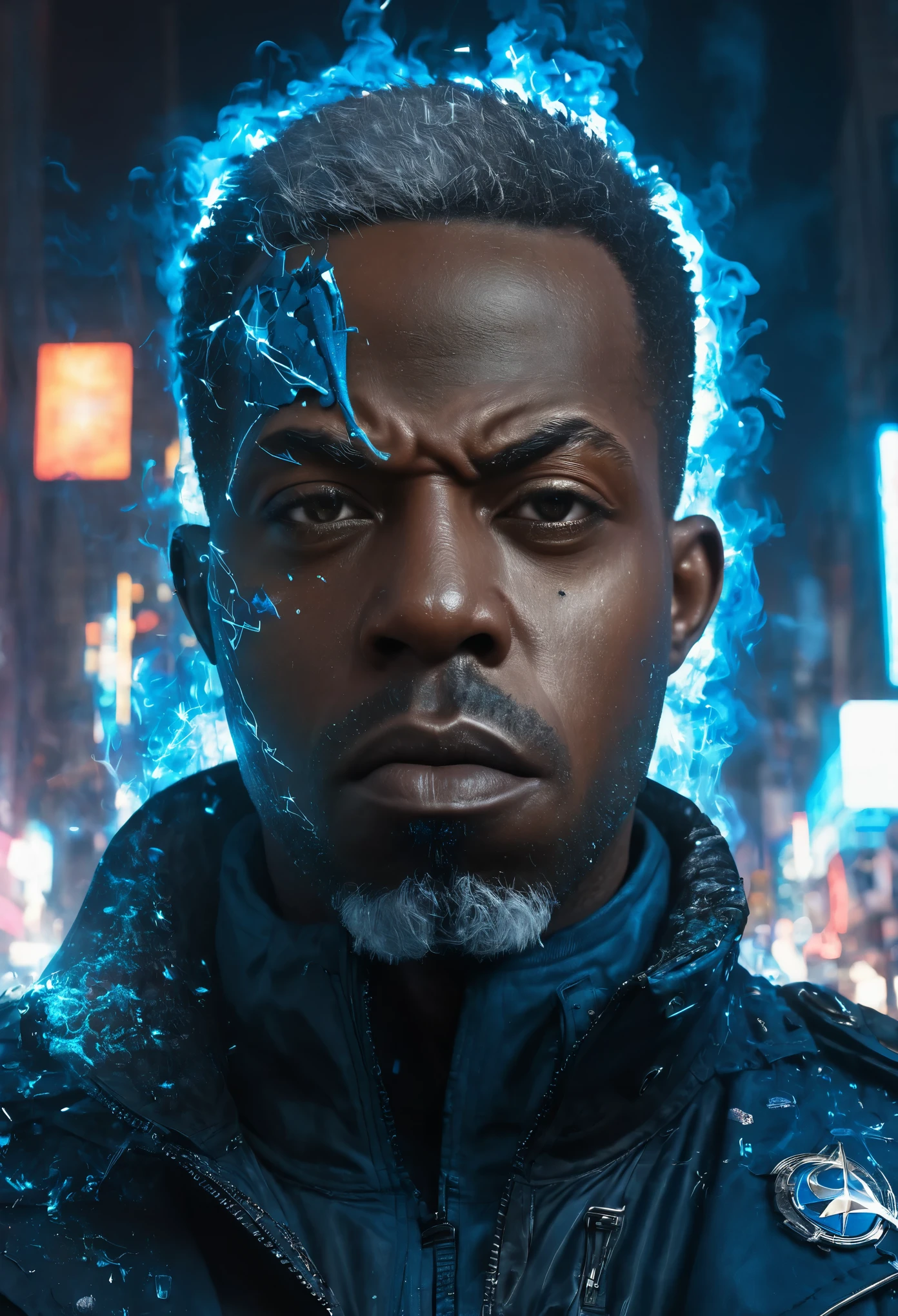 gloomy portrait of shawt a black man Captain Cold from DC, extremely detailed, futuristic cityscape, nighttime, glowing neon lights, smoke, sparks, metal shavings, flying debris, blue energy effects, volumetric light