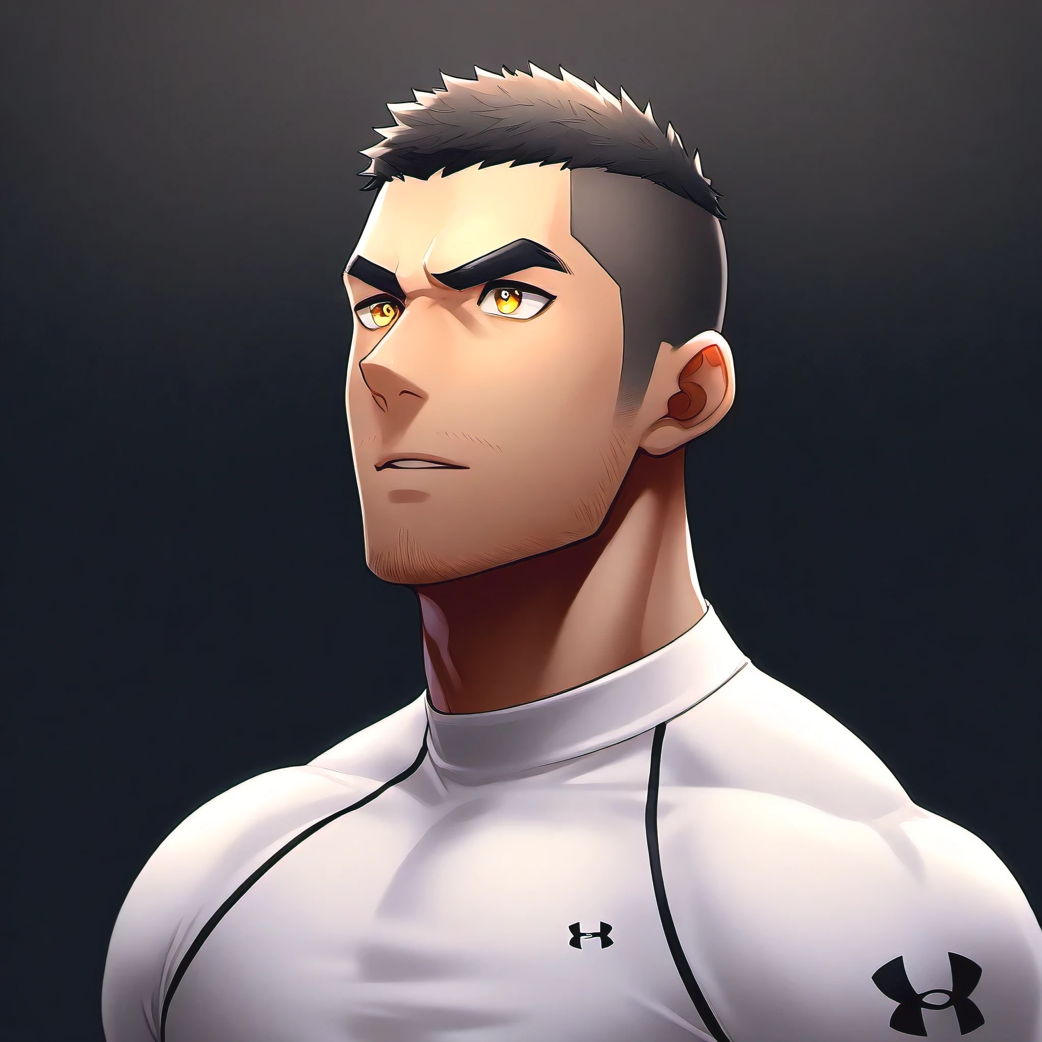 anime characters：Gyee, Fitness coach, 1 young muscular man, male focus, Under Armour sports tight T-shirt, Slightly transparent, muscular male, muscular, only, Upper body, alone, Black short hair, Thick eyebrows, stubble, Yellow eyes, Black background, simple background, amazing quality, best aesthetics, Ridiculous, bright pupils, crew cut, parted lips, embarrassed, forced smile, best quality