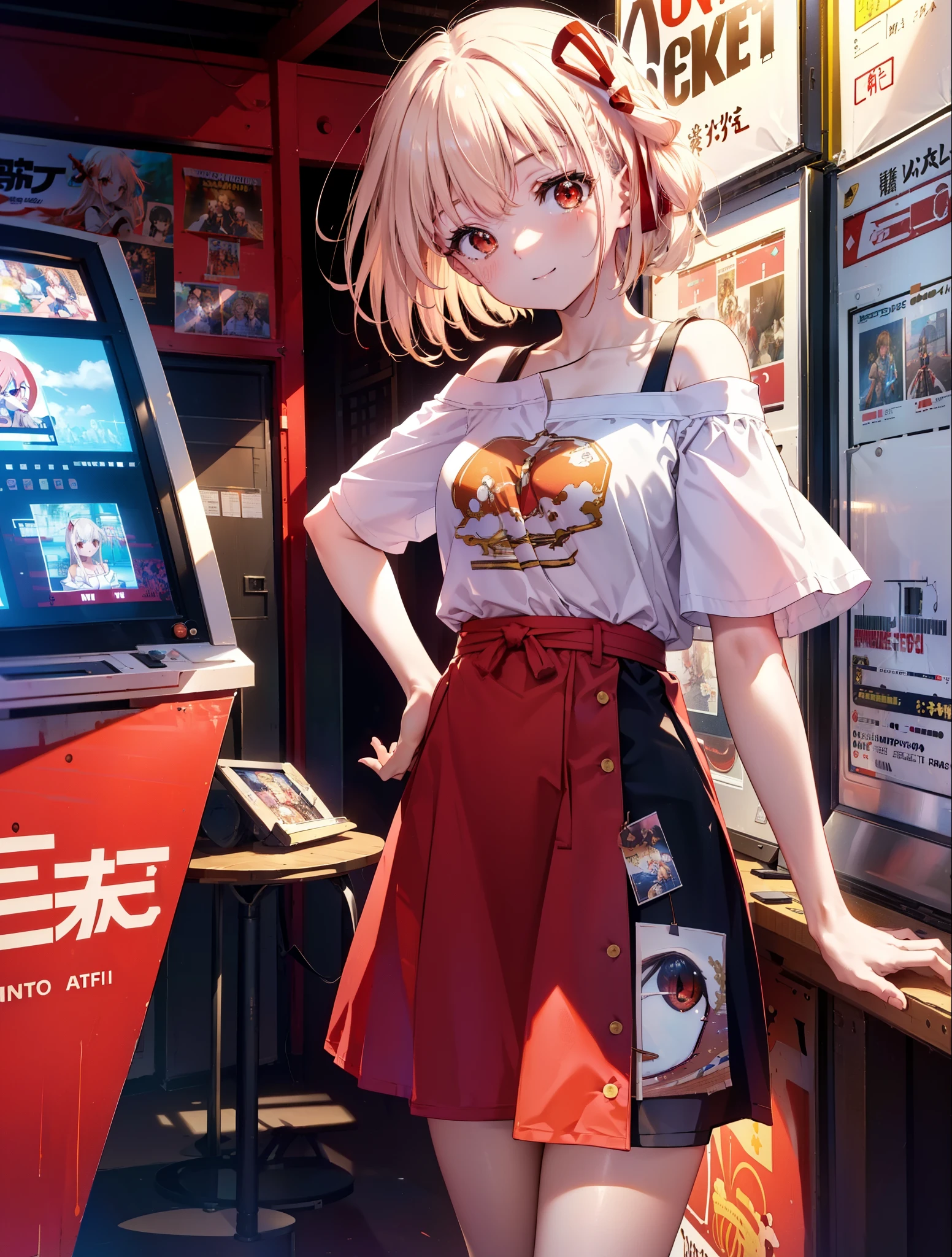 chisatonishikigi, nishikigi chisato, bangs, blonde hair, (red eyes:1.5), hair ribbon, one side up, long hair,happy smile, smile, open your mouth,off shoulder dress,shorts,short boots,足を組んでChairに座っている, game_center, scenery, arcade cabinet, Chair, poster (object), indoor ,s4g4m1,
break outdoors, city,
break looking at viewer, (cowboy shot:1.5),
break (masterpiece:1.2), highest quality, High resolution, unity 8k wallpaper, (shape:0.8), (fine and beautiful eyes:1.6), highly detailed face, perfect lighting, Very detailed CG, (perfect hands, perfect anatomy),