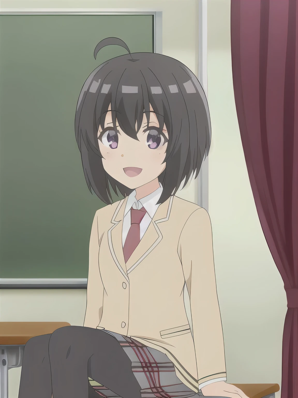 Maple, 1 girl, alone, smile, short_hair, Open_mouth, front hair, skirt, shirt, black_hair, lupong_sleeve, hair_between_eye, sitting, School_uniform, purple_eye, Jacket, white_shirt, Ahoge, pantyhose, side lock, pleats_skirt, tie, shiny, collared_shirt, indoors, miniskirt, shiny_hair, plaid, black_pantyhose, window, plaid_skirt, bottler, blazer, Own_hand_together, curtain, green_Jacket, red_tie, machine, gray_skirt, classroom, School_machine, upon_bottler, nervous, School_bottle