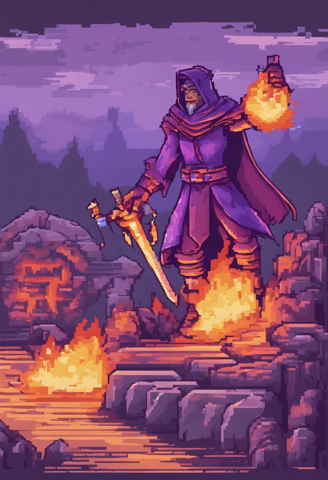Pixelated image of a wizard in purple clothing and gray hood wearing a burning staff and a warrior in purple clothing and a cap
Gray ETE holding a golden axe fighting a warrior orc on a ruined plain