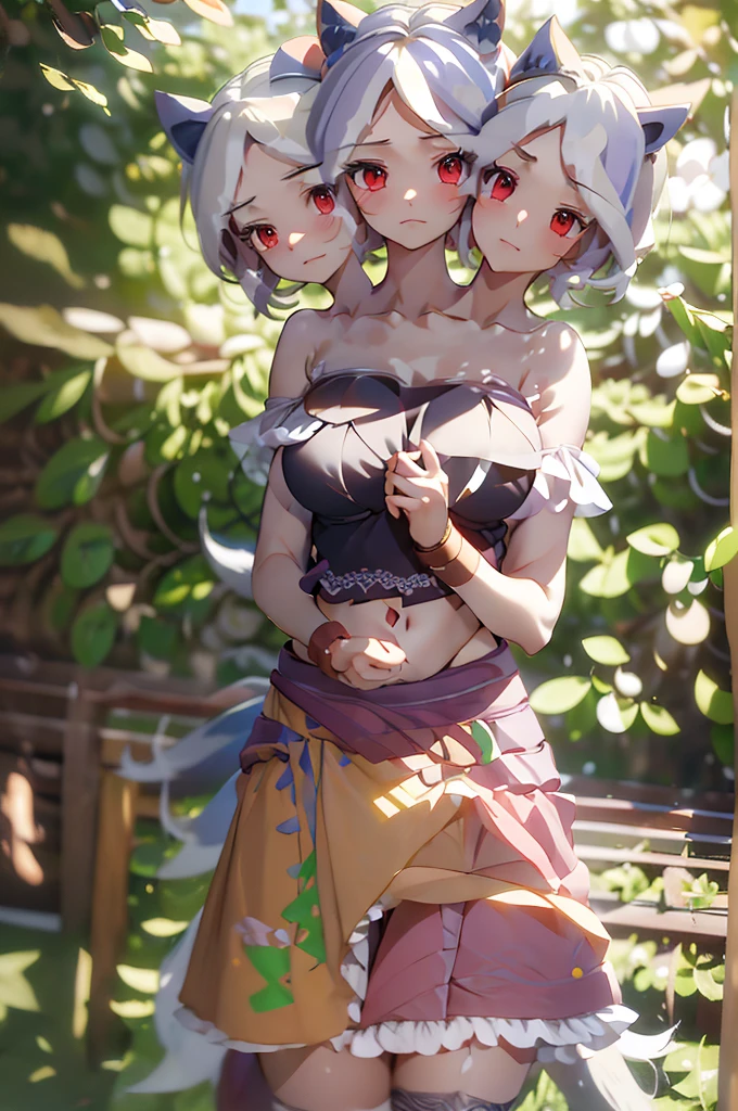 (masterpiece, best quality), best quality, (ultra-detailed), (3heads:1.5), 1girl, (enoko mitsugashira:1.3), masterpiece, best quality, ultra quality, ultra resolution, black and purple top, crop top, ((stomach)), midriff, ((groin)), exposed open belly, pink skirt, normal ears, shackles, grey-white hair, very long hair, wavy hair, sidelocks, red eyes, detailed eyes, parted lips, single horn, sweat, cute, toned belly, hand on own chest, eyelashes, (25 year old woman:1.3), (masterpiece:1.5), (best quality:1.5), (beautiful detailed), extremely detailed CG, extremely delicate and beautiful, depth of field, (finely detailed face), (perfect details:1.2), (mature female:1.3), wide pelvis, slender, large veiny breast, 16k resolution, highres, very high quality, very high definition, extremely detailed, masterpiece, grey-white hair, long hair, alluring presence, braid, short skirt, close up, big tits, young, dog ears, bear straps,