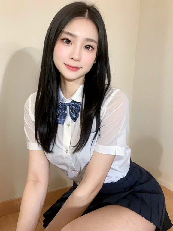 (kawaii 18 year-old Japanese highschool girl, Nogizaka idol, Korean idol), (glossy black hair, very short hair, symmetric hair length, even hair length:1.3), (forehead), (rounded face, black eyes, single eyelid, no makeup, soft smiling:1.2), (wearing Japanese school uniforms, collared white shirt, navy bow tie, cream colored knitted vest, check patterned pleated skirt:1.3), flat chest, extra small breasts, (looking at viewer:1.2), BREAK, (simple white wall background:1.3), (dynamic angle:1.3), face focus, BREAK, (masterpiece, best quality, photo realistic, official art:1.4), (UHD, 8K quality wallpaper, high resolution, raw photo, golden ratio:1.2), (shiny skin), professional lighting, physically based rendering, award winning, (perfect anatomy, highly detailed skin, extremely detailed face and eyes), Carl Zeiss 85 mm F/1.4, depth of field, 1girl, solo,