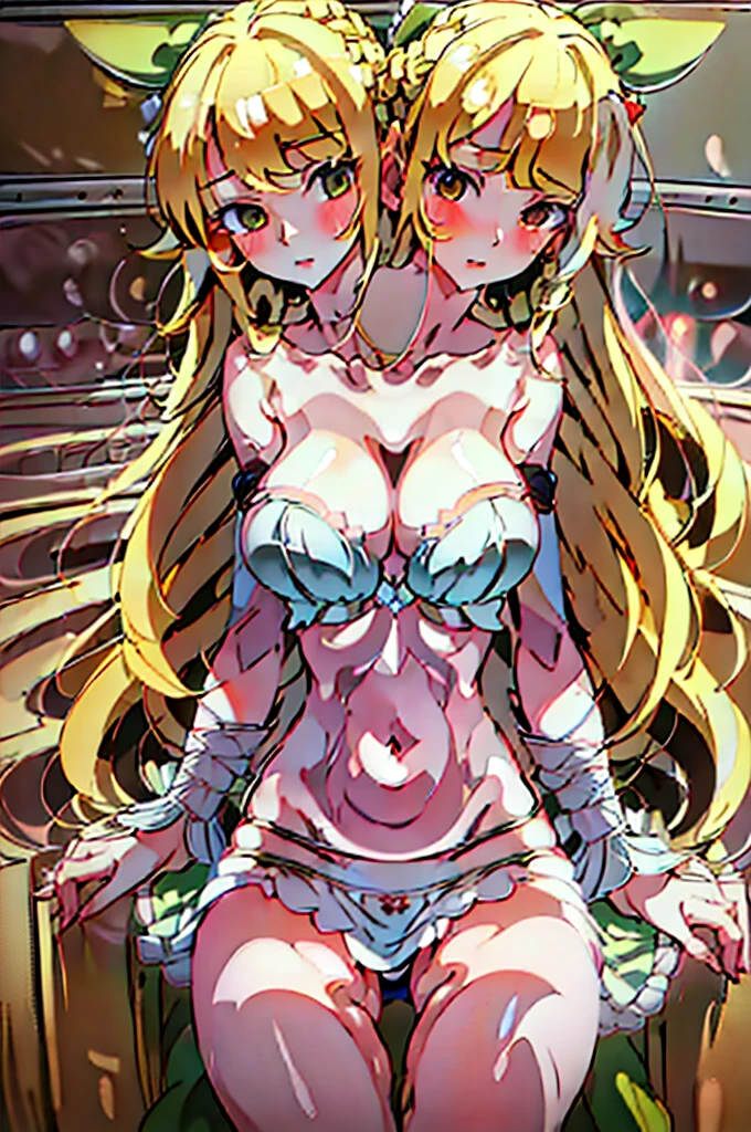 (masterpiece, best quality), best quality, (ultra-detailed), (3heads:1.5), 1girl, (rin satsuki :1.3), masterpiece, (best quality:1.5, highres, UHD), highres, absurdo, ultra detail, ultra quality, Ultra resolution, white top, crop top, ((stomach)), midriff, ((groin)), red skirt, normal ears, shackles, blonde hair, very long hair, wavy hair, sidelocks, green eyes, very detailed eyes, parted lips, sweat, cute, toned belly, hand on own chest, eyelashes, (24 year old woman:1.3), (masterpiece:1.5), (best quality:1.5), (beautiful detailed extremely detailed CG, extremely delicate and beautiful, depth of field, (finely detailed face), (perfect details:1.2), (mature female:1.4), wide pelvis, slender, large veiny breast, 16k resolution, highres, very high quality, very high definition, extremely detailed, masterpiece, blonde hair, long hair, alluring presence, braid, short skirt, close up, big , young, red bow,