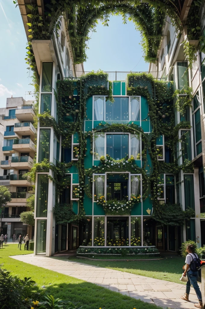 Imagine a city where lush greenery and vibrant flowers thrive in harmony with structures that seem to defy the laws of physics... Los edificios se elevan hacia el cielo., Its glass facades reflect the sun's rays in a dazzling display. Se muestra una ciudad enorme que respeta a la ciencia y la naturaleza