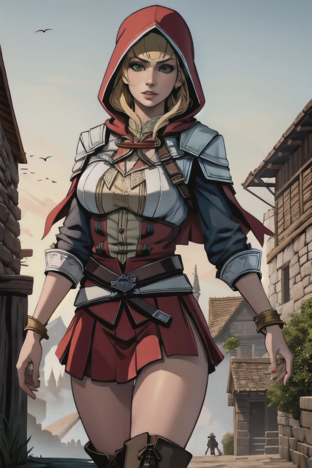 1 chica, alone, young girl, joven, Стиль Assassin's Creed, ropa corta, poca ropa, botas hasta la rodilla, Pulseras en las piernas, Ciudad medieval al fondo, Renacimiento, muy detallado, Realistic long-term photography., 4k, ropa, poca ropa, pelo largo, long hair, pelo rubio, blonde hair, ojos verdes, green eyes, pechos grandes, pechos, big breast, breasts, hood, capucha,Chica con traje de Assassin's Creed Altair con capucha, hood, Assassin symbol's Creed en la cintura