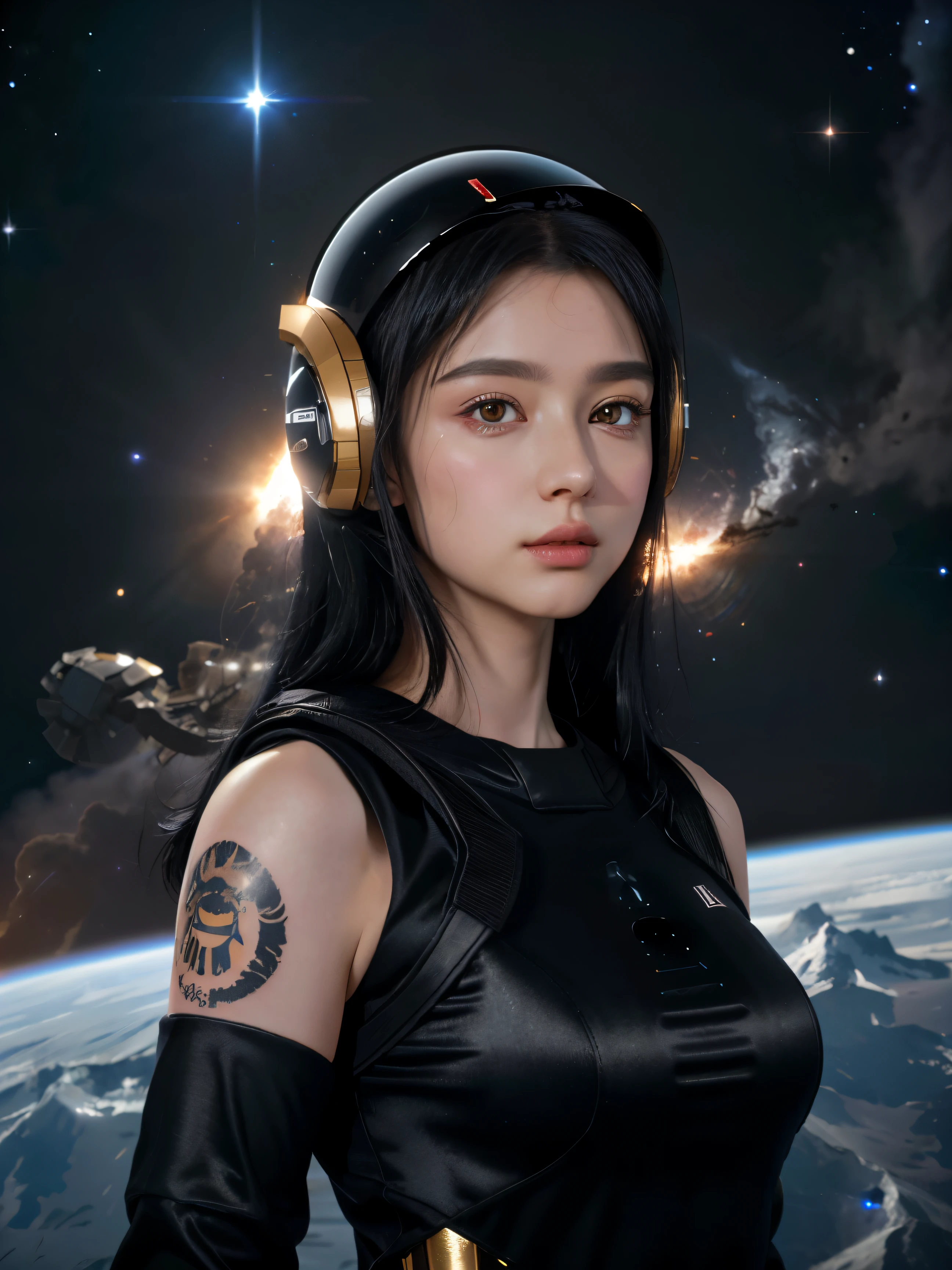 (8k), (highest quality), (best details)space base、Milky Way、jet black hair、Shining golden eyes、tattoo、There's a cute French girl、Black Space Suit、unlimited、white skin、Massive black hole、Helmet